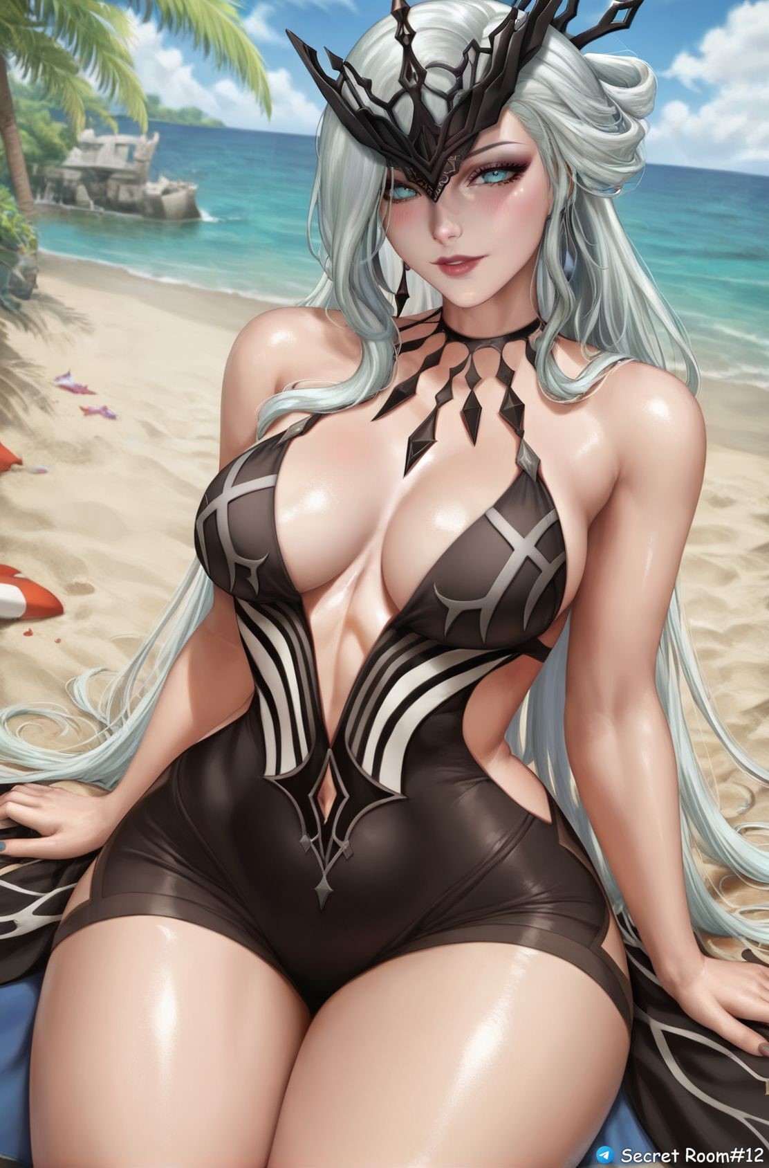 ai_generated big_hips blue_eyes female front_view genshin_impact hoyoverse long_hair mihoyo milf secret_room12 shiny_skin signora_(genshin_impact) sitting stable_diffusion white_hair