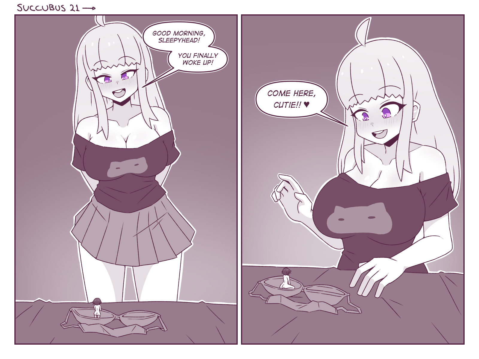 2girls, bigger female, breasts, comic, demon, female, female only, giantess, horns, huge breasts, inksgirls, larger female, macro female, micro female, micro on macro, multiple females, multiple girls, nude, nude female, page 21, shrunk, shrunken female, size difference, smaller female, succubus, thick thighs, wings, yuri