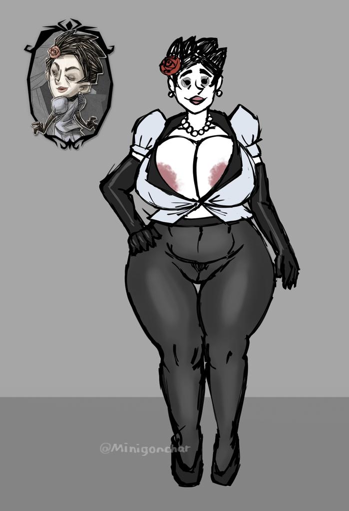 areolae black_eyes black_hair breasts breasts_bigger_than_head cleavage clothing color curvy curvy_figure dont_starve dont_starve_together earrings female huge_breasts minigonchar short_hair thick_thighs tights voluptuous wide_hips winona