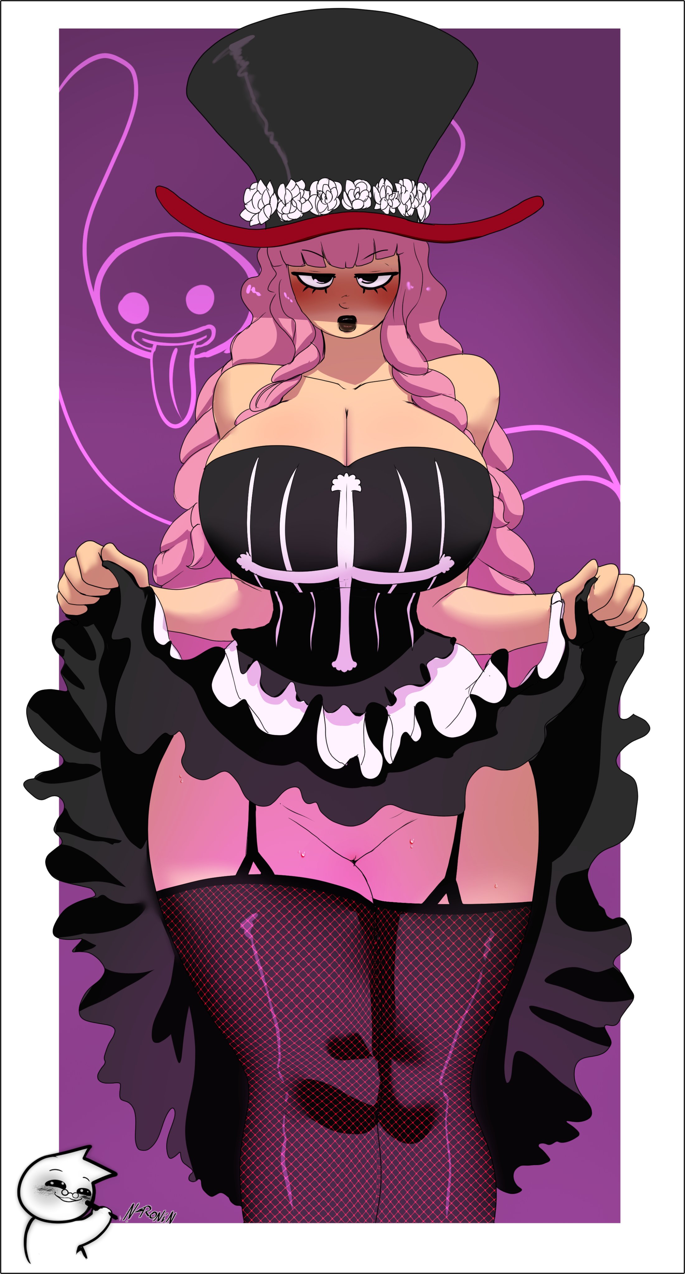 1girls, big breasts, black lips, breasts, cleavage, clothed, clothing, corset, female, female only, huge breasts, light skin, light-skinned female, looking at viewer, n-ronin, no panties, one piece, perona, pink hair, pink-haired female, post-timeskip, pussy, voluptuous, voluptuous female, wide hips