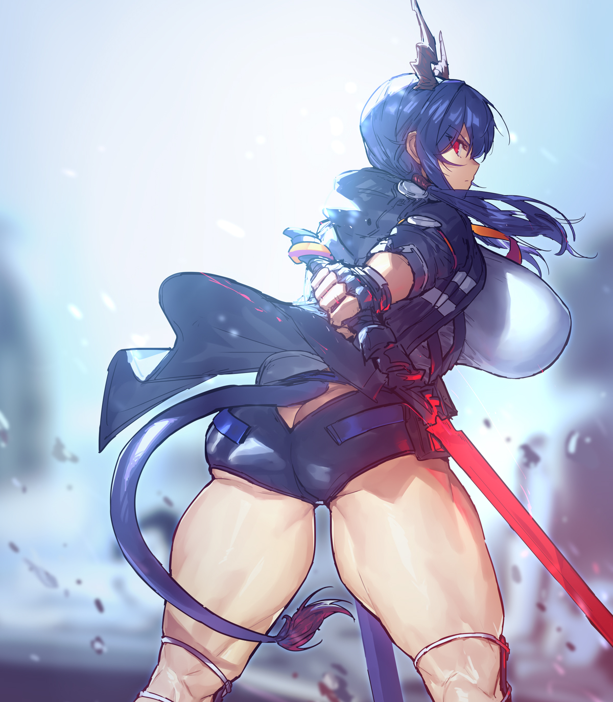 arknights, ass, big ass, big breasts, big butt, blue hair, breasts, ch'en (arknights), curvy, dragon girl, female, horns, huge ass, huge breasts, huge butt, looking back, melon22, red eyes, short shorts, shorts, sideboob, sword, tail, thick thighs, twintails