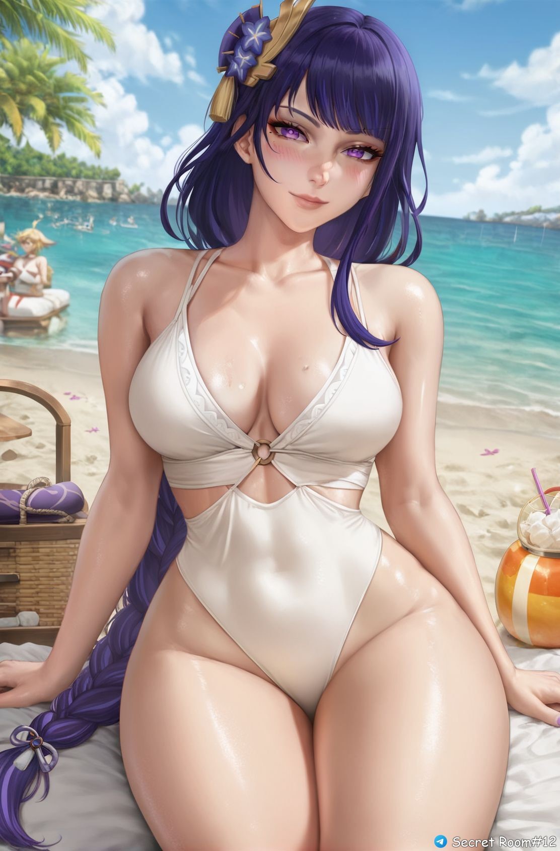 ai generated, bangs, big hips, blue hair, blunt bangs, braid, breasts, center opening, female, female only, front view, genshin impact, hoyoverse, human, light skin, light-skinned female, long hair, matching hair/eyes, mihoyo, o-ring, purple eyes, purple hair, raiden shogun, secret room12, shiny skin, single braid, sitting, solo, stable diffusion, streaked hair, swimsuit, very long hair, violet hair, white clothing, white swimsuit