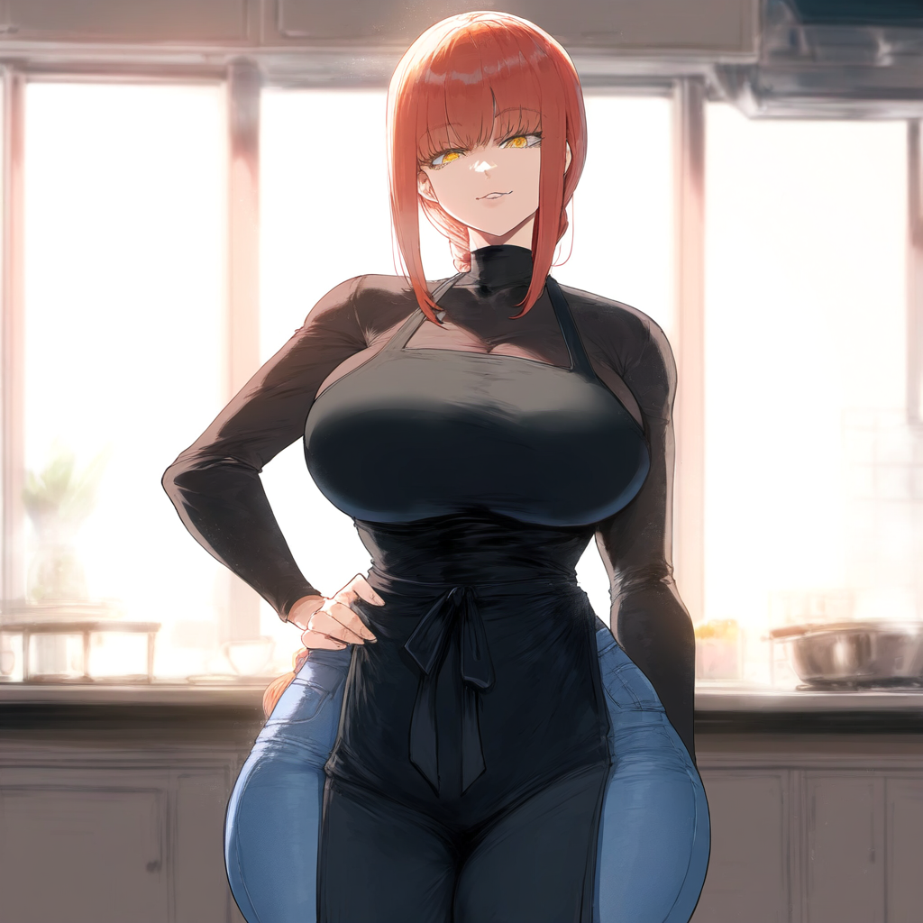 ai_generated apron big_breasts chainsaw_man half-closed_eyes hand_on_hip indoors jaygoats kitchen makima_(chainsaw_man) red_hair smile thick_thighs