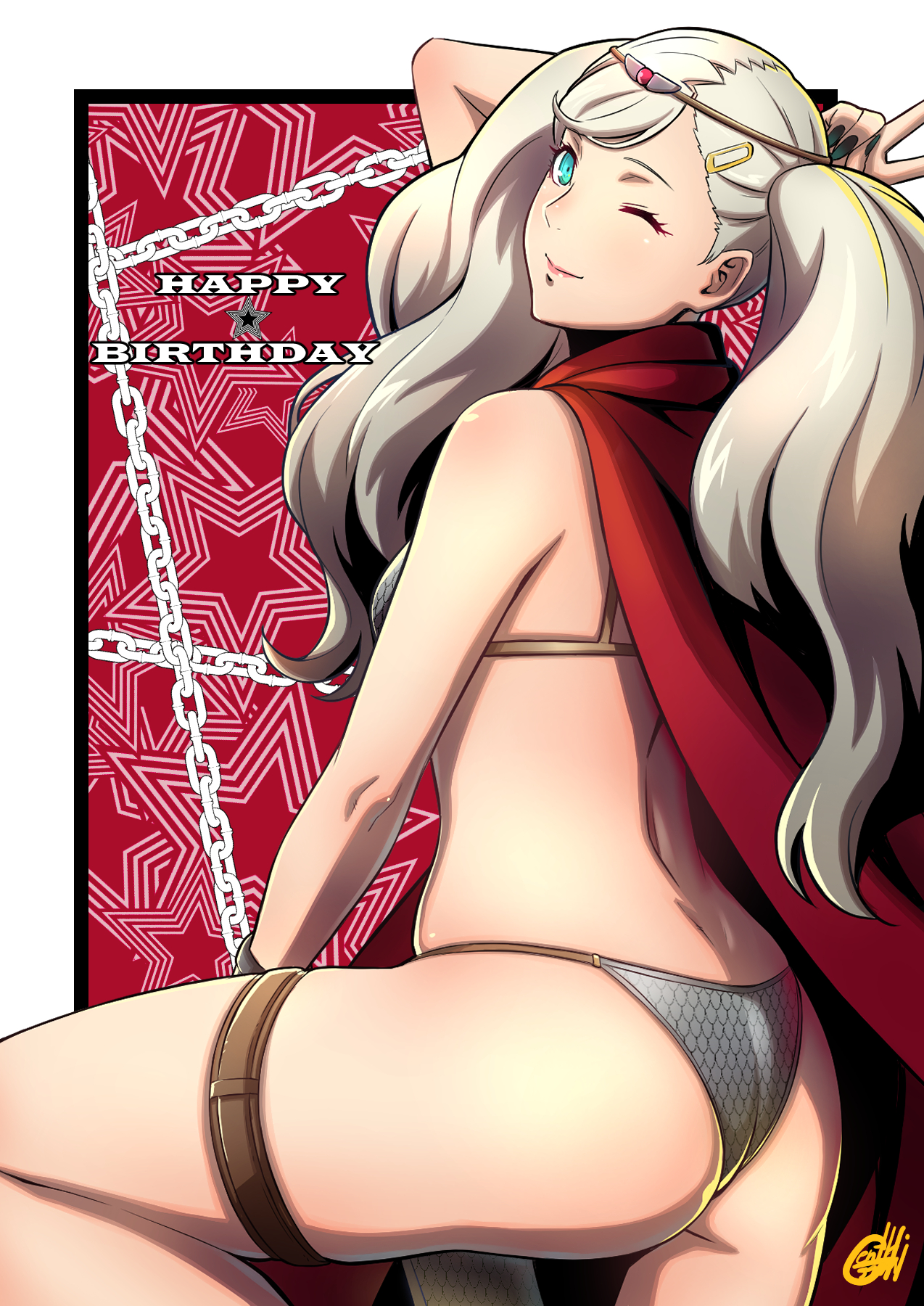 alternate costume, ann takamaki, ass, atlus, blue eyes, breasts, cape, female, gentle sasaki, lipstick, persona, persona 5, sideboob, solo, tagme