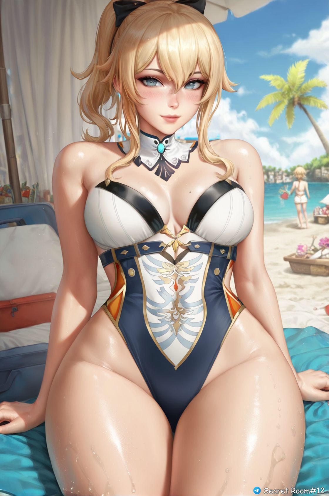 ai_generated big_hips blue_eyes female front_view genshin_impact hoyoverse jean_gunnhildr mihoyo secret_room12 shiny_skin short_hair sitting stable_diffusion