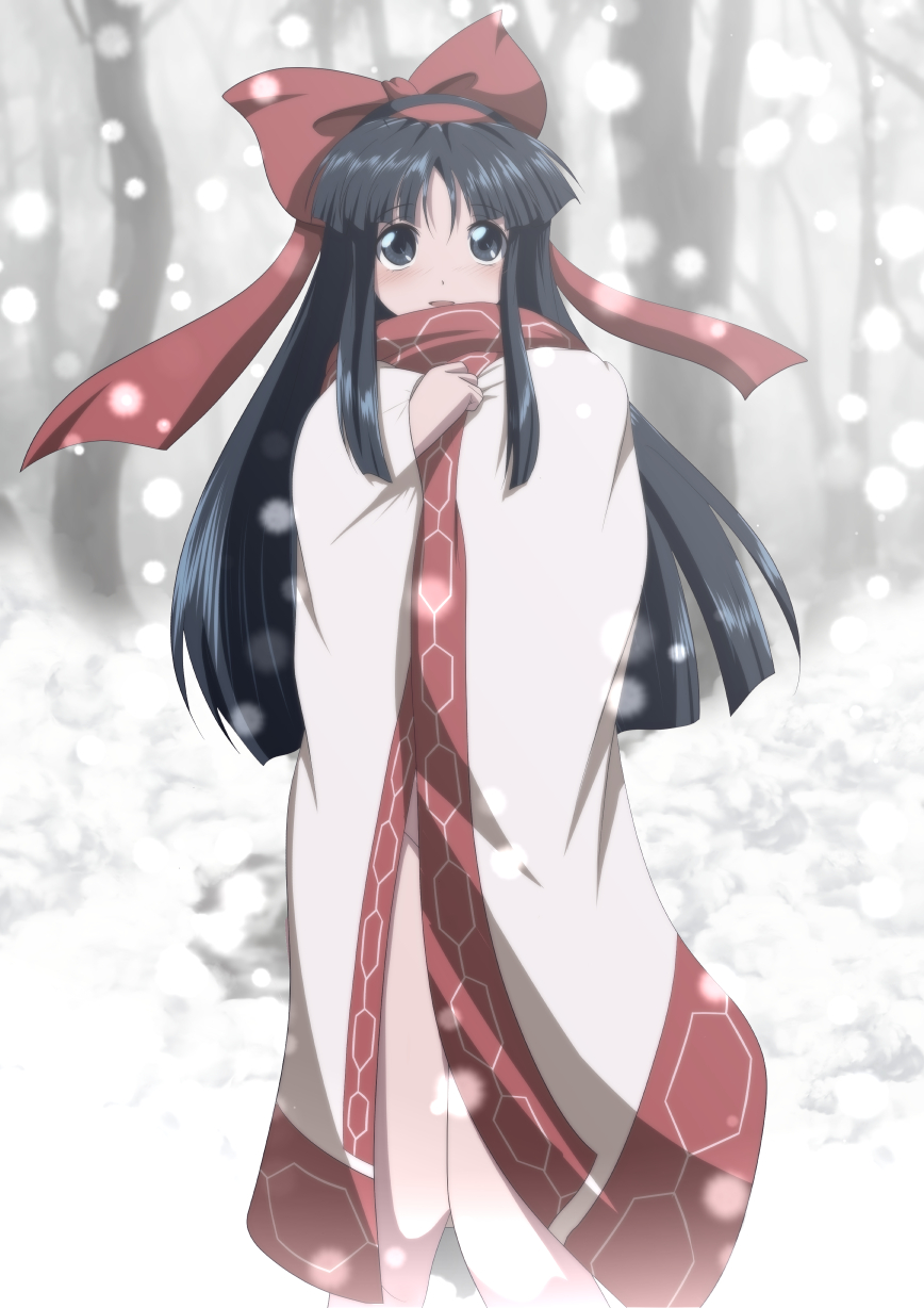 1girls ainu_clothes black_hair blush cloak covering_privates grey_eyes hair_ribbon highres king_of_fighters legs long_hair looking_at_viewer naked_cloak nakoruru no_panties ribbon samurai_shodown snk snow snowing solo thighs