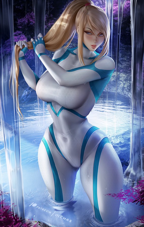 1girls belly_button big_breasts blonde_hair breasts eastern_style female female_only holding_hair large_breasts metroid metroid_dread nintendo olchas ponytail samus_aran solo thick_thighs water wet wide_hips zero_suit zero_suit_samus