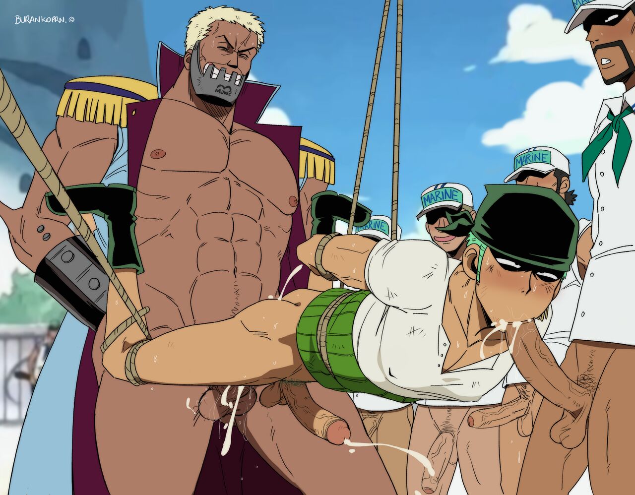 7boys abs anal ass bara blowjob boots bottomless burankoprn cum cum_in_ass cum_in_mouth erection foreskin gangbang gay grin hanging headband male_focus male_only mask muscle one_piece open_jacket orgasm outdoors pecs penis prisoner public punishment restrained rope roronoa_zoro size_difference