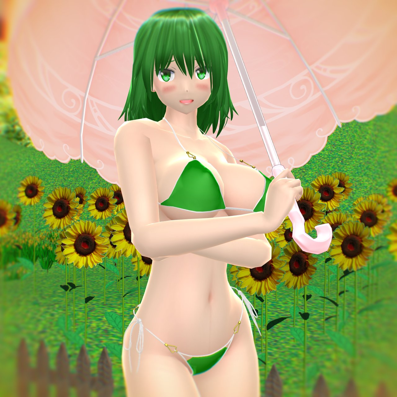 1girls 2024 3d bikini blush grass green_bikini green_eyes green_hair_female hati_yukkuri_mmd humanoid light-skinned_female looking_at_viewer mmd phantasmagoria_of_flower_view solo_female solo_focus sunflower swimsuit touhou umbrella white_string_bikini wooden_fence youkai yuuka_kazami