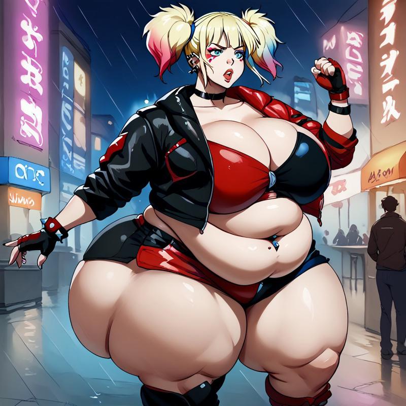 ai_generated alternate_body_type bbw belly_piercing big_breasts blonde_hair bottom_heavy civitai curvaceous curvy curvy_female curvy_figure dc dc_comics dcau dyed_hair fat fat_ass fat_breasts fat_woman harley_quinn harley_quinn_(suicide_squad_isekai) makeup multicolored_jacket multicolored_shorts overweight overweight_female round_ass round_belly round_butt ssbbw thick_ass thick_legs thick_thighs