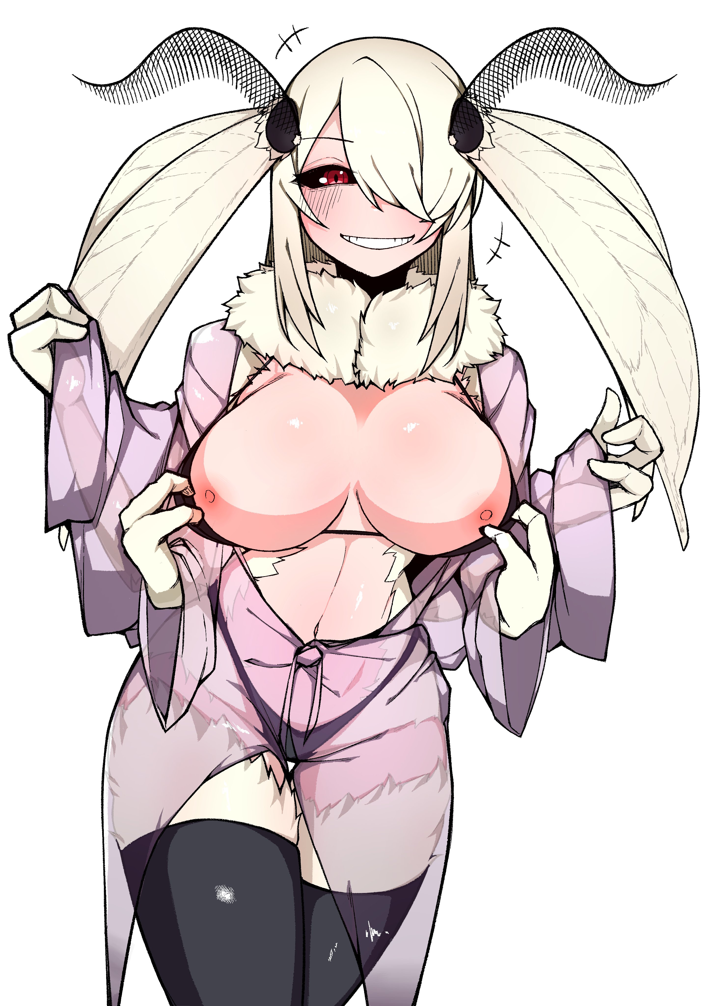 1girls, 4 arms, antennae (anatomy), areolae, belly button, blush, bra, breasts, female, female only, huge breasts, indie virtual youtuber, insect girl, insect humanoid, kimono, latd, light skin, light-skinned female, monster girl, moth, moth girl, moth humanoid, multi arm, multi limb, nipples, one eye obstructed, panties, red eye, see-through clothing, shina tsukishiro, solo, tagme, virtual youtuber, white hair