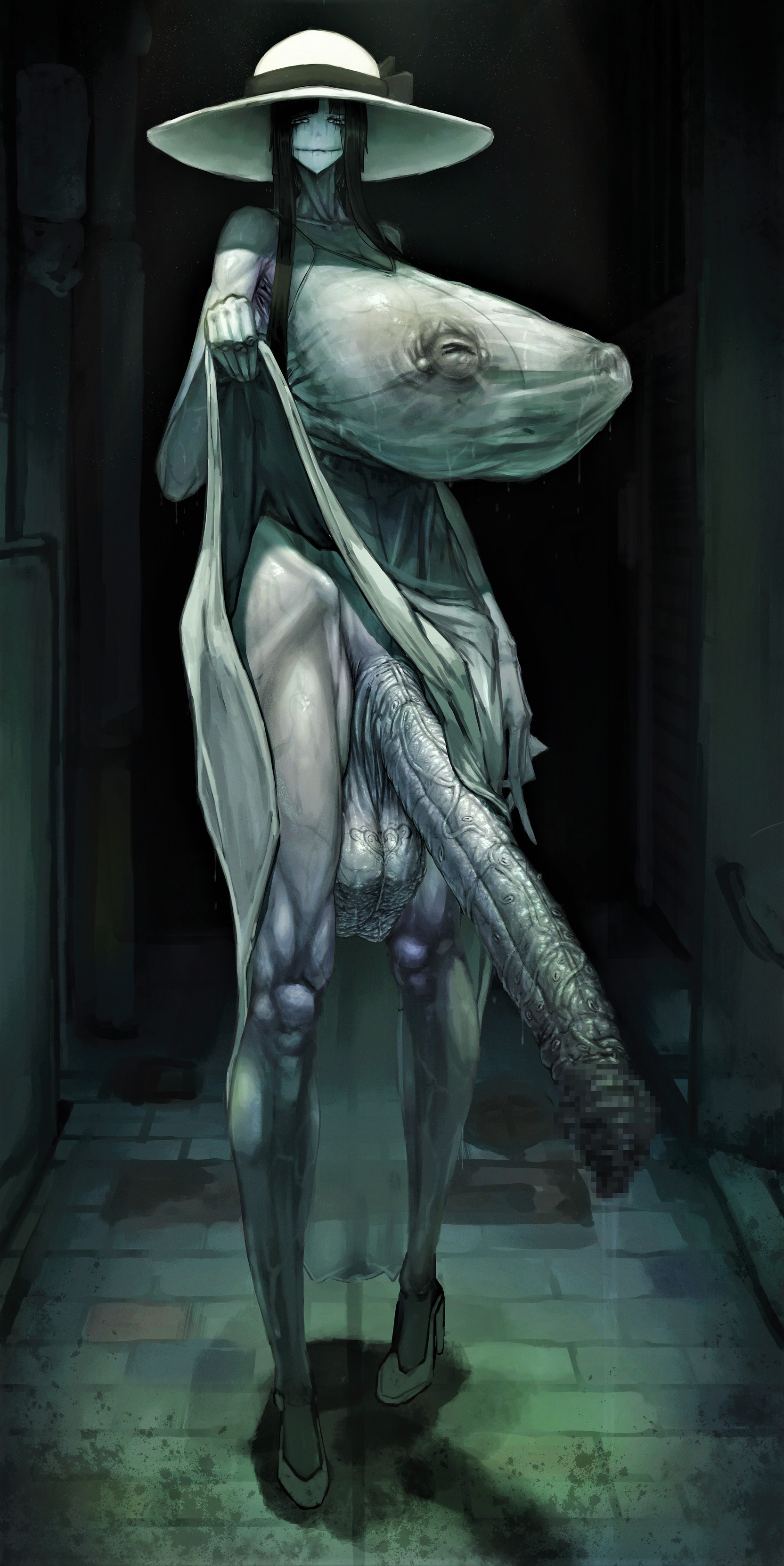 balls, breasts, canvassolaris, censored, demon, female, futa only, futanari, hasshaku-sama, high heels, huge balls, huge breasts, huge cock, hyper, hyper penis, intersex, japanese mythology, long penis, looking at viewer, messy, milf, nasty, penis, precum, precum drip, smile, smiling, veins, veiny penis