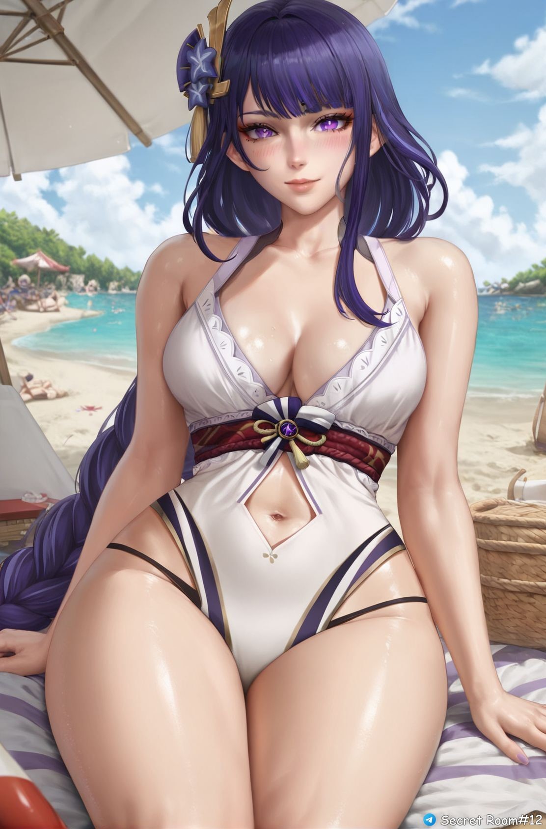 ai_generated big_hips blue_hair breasts female front_view genshin_impact hoyoverse long_hair mihoyo purple_eyes raiden_shogun secret_room12 shiny_skin sitting stable_diffusion