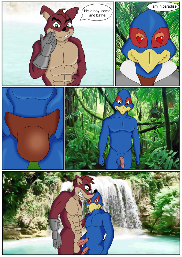 2boys activision anthro anthro_only avian balls blue_body blue_feathers bulge ciel-wolf clothed clothing comic crash_(series) crossover crunch_bandicoot english_text falco_lombardi feathers forest fur furry furry_male gay genitals green_eyes humanoid_genitalia humanoid_penis interspecies jungle male male/male male_only muscular muscular_anthro muscular_male nintendo nude penis pink_penis plant red_body red_fur star_fox text tree underwear video_games water waterfall