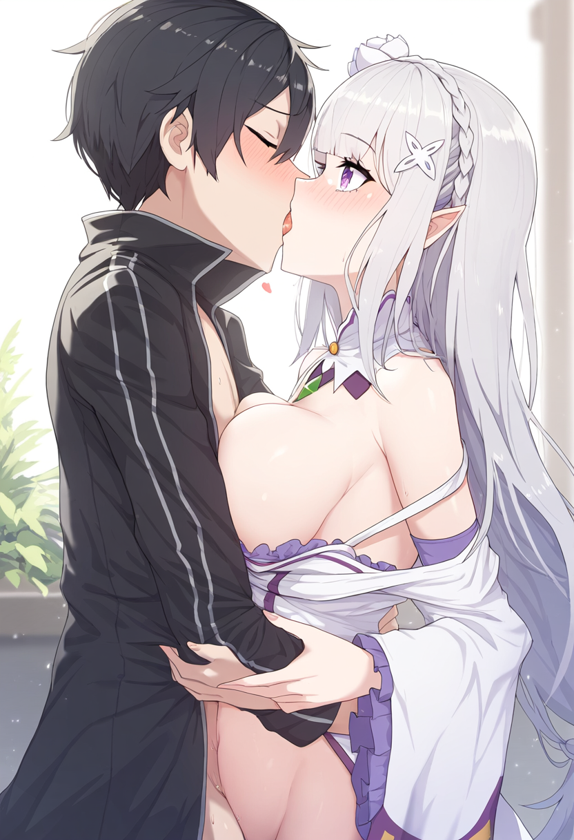 ai_generated big_breasts elf elf_ears elf_female elf_girl emilia_(re:zero) female flower_in_hair flower_ornament hair_ornament half-elf kirigaya_kazuto kirito light-skinned_female light_skin long_hair male male/female pointy_ears princess purple_eyes re:zero_kara_hajimeru_isekai_seikatsu royalty silver_hair sword_art_online very_long_hair white_hair