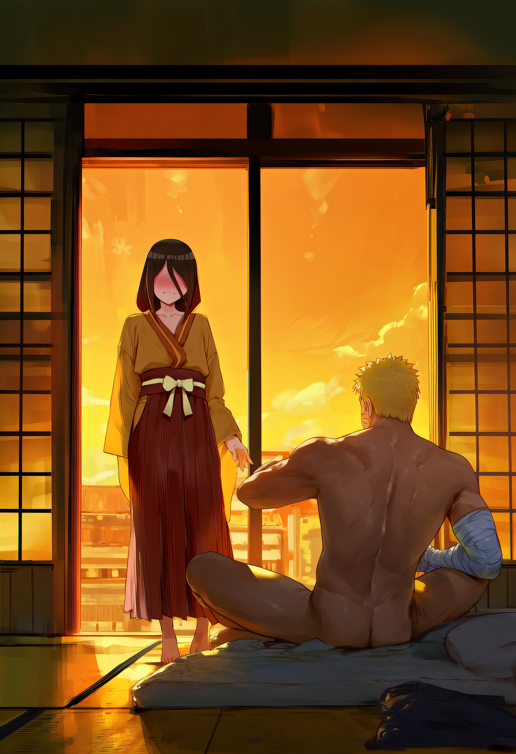 1boy, 1girls, ai generated, barefoot, before sex, big breasts, blonde hair, blush, boruto: naruto next generations, breasts, brother in law and sister in law, busty, caught, caught naked, cleavage, clothed female nude male, clothing, desperate for sex, drunk, drunk female, eyeless, eyeless female, faceless male, female, full body, full-face blush, futon, hakama, heavy blush, high resolution, horny, horny female, hyuuga hanabi, imminent sex, in heat, japanese clothes, japanese house, kimono, male, mokimoki, naruto, naruto (series), ponytail, short hair, shrine, sitting, skirt, sliding doors, standing, sunset, toned, toned male, turned on, uzumaki naruto, very long hair, walk-in, walking, wanting sex, wavy mouth
