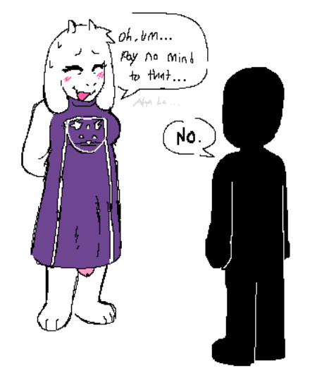 ambiguous_gender anthro blush bovid bulge caprine circumcised clothed clothing detailed_bulge dialogue dress duo embarrassed female fembunns flaccid genital_outline genitals goat gynomorph intersex mammal no_underwear penis penis_outline penis_poking_out simple_background speech_bubble text toriel undertale undertale_(series)