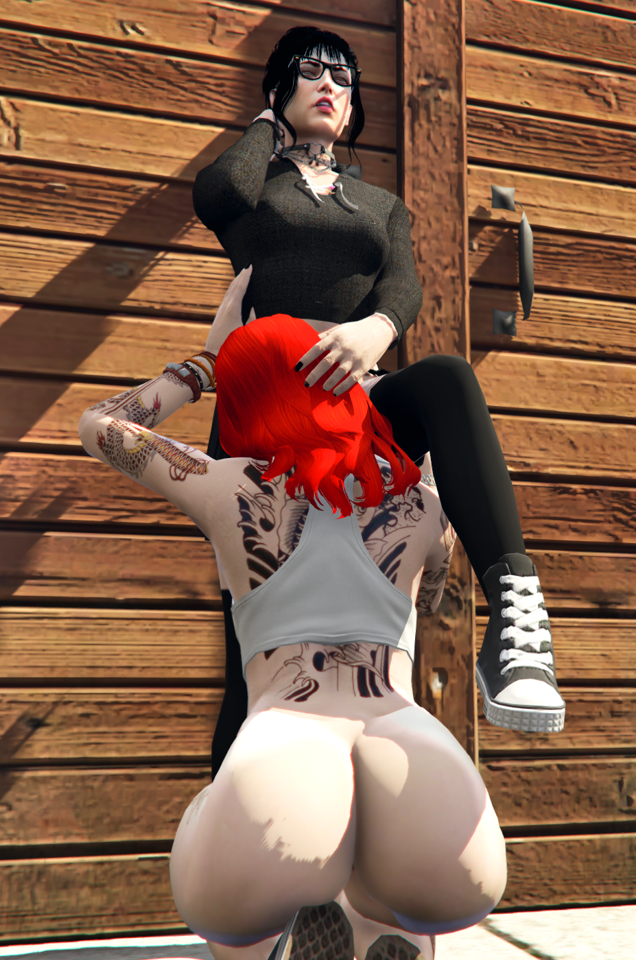 alex_domino big_ass black_hair eating_pussy glasses lesbian mary_mushkin nopixel painted_nails red_hair tattoos yuri