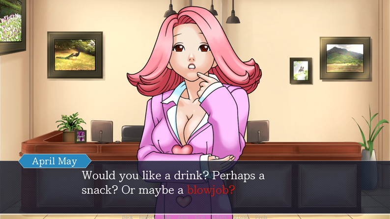 1girl 1girls accurate_art_style april_may breasts clothed_female clothing dialogue dialogue_box female female_focus female_only funny gyakuten_saiban inner_sideboob long_hair long_hair_female neckline pink_clothing pink_hair pinkmochidango screenshot sfw standing thought_bubble