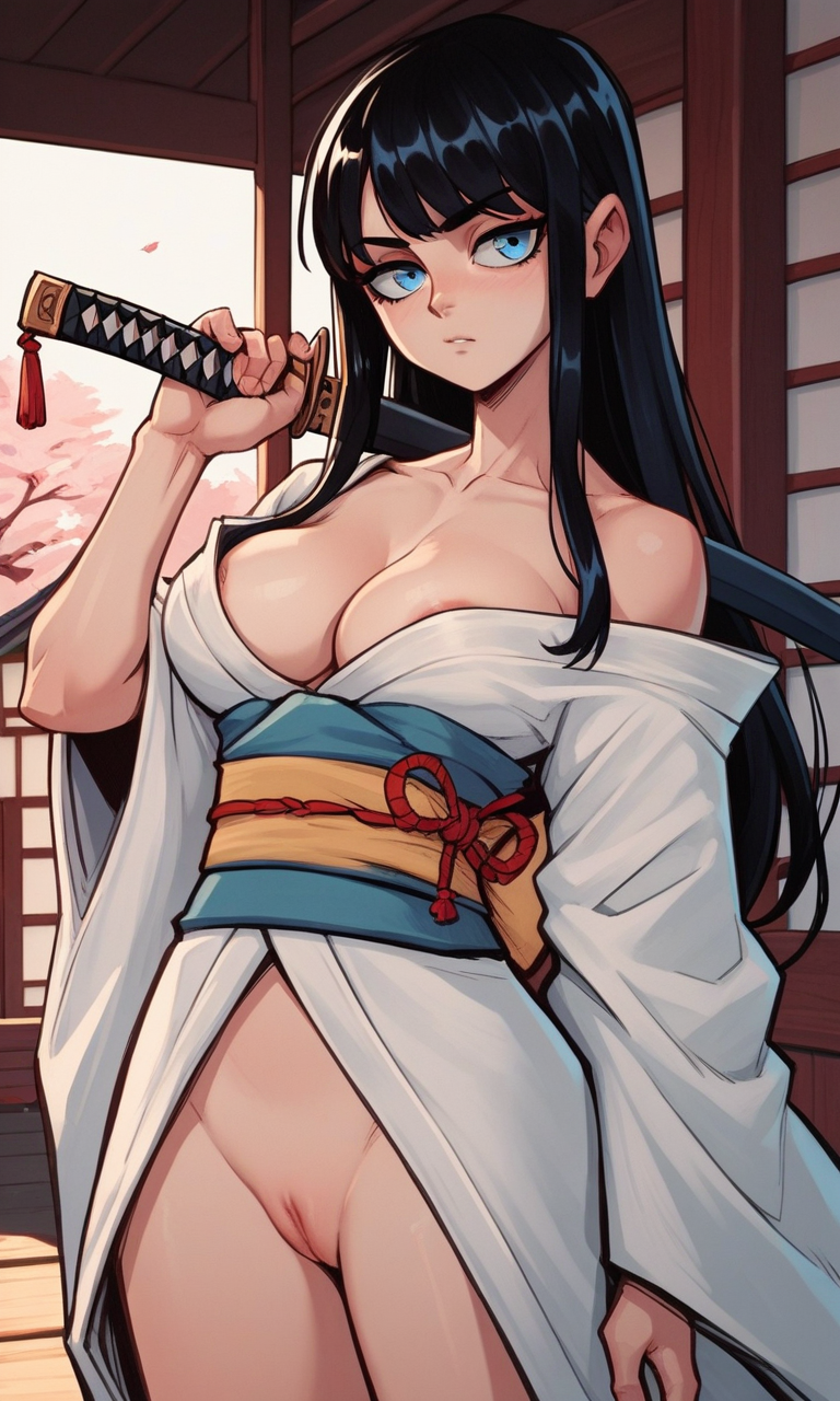 1girls ai_generated areola areola_slip bangs black_hair blue_eyes first_porn_of_character katana kimono kosine1777 kosineverse large_breasts long_hair no_panties obi original original_character pussy swordswoman valbun_style yuki_(kosine1777)