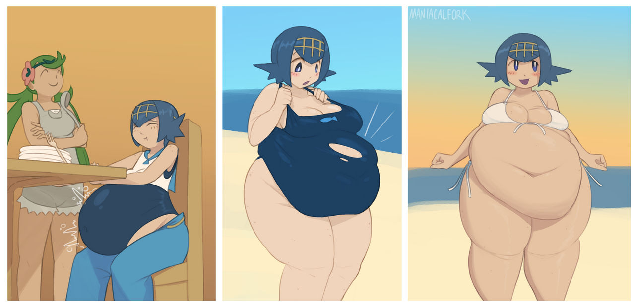 2d, 2d (artwork), bbw, belly, big belly, big breasts, bikini, blue hair, breasts, chubby, chubby female, fat, female, game freak, lana (pokemon), maniacalfork, nintendo, one piece swimsuit, overweight female, pokemon, swimsuit, wardrobe malfunction, weight gain, white skin