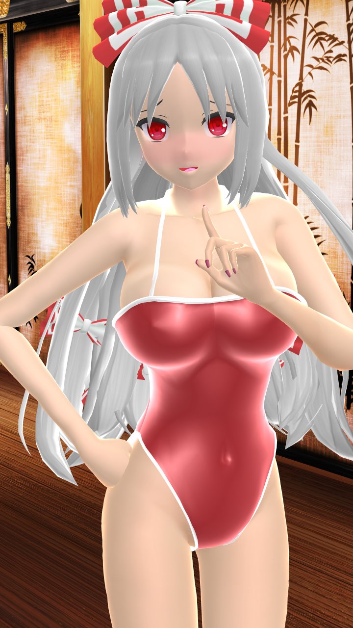 1girls 2024 3d breasts fujiwara_no_mokou hand_on_hip hati_yukkuri_mmd human imperishable_night indoors light-skinned_female long_hair_female looking_at_viewer mmd one_arm_up one_finger_up red_bowtie red_eyes red_ribbon red_swimsuit solo_female solo_focus swimsuit touhou white_hair_female