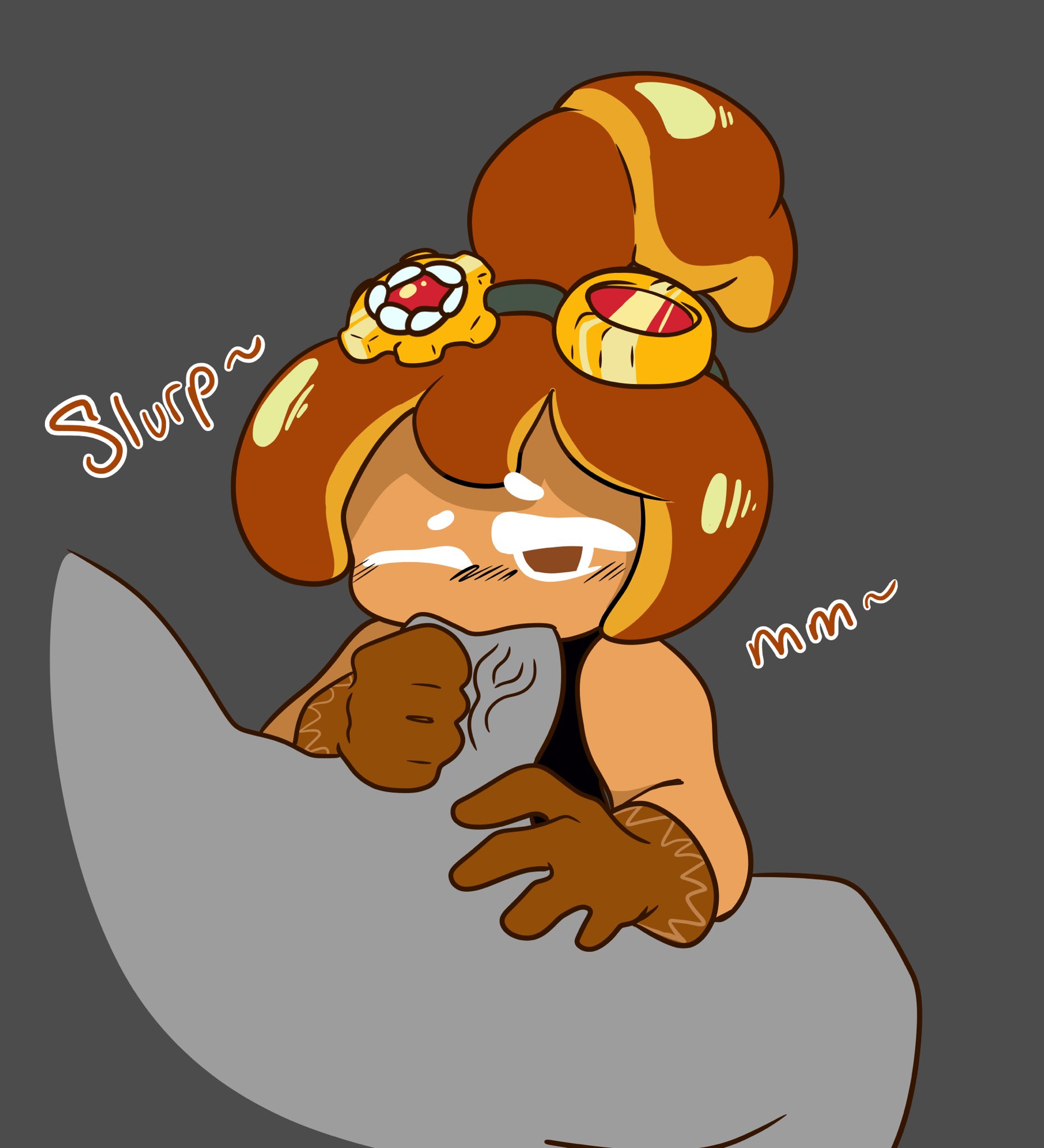 astranger, blush, brown eyes, cookie run, croissant, croissant cookie, fellatio, gloves, goggles on head, grabbing penis, male, mob face, one eye closed, one eye open, oral, orange body, penis, simple background, simple shading, sucking, tank top, veiny penis