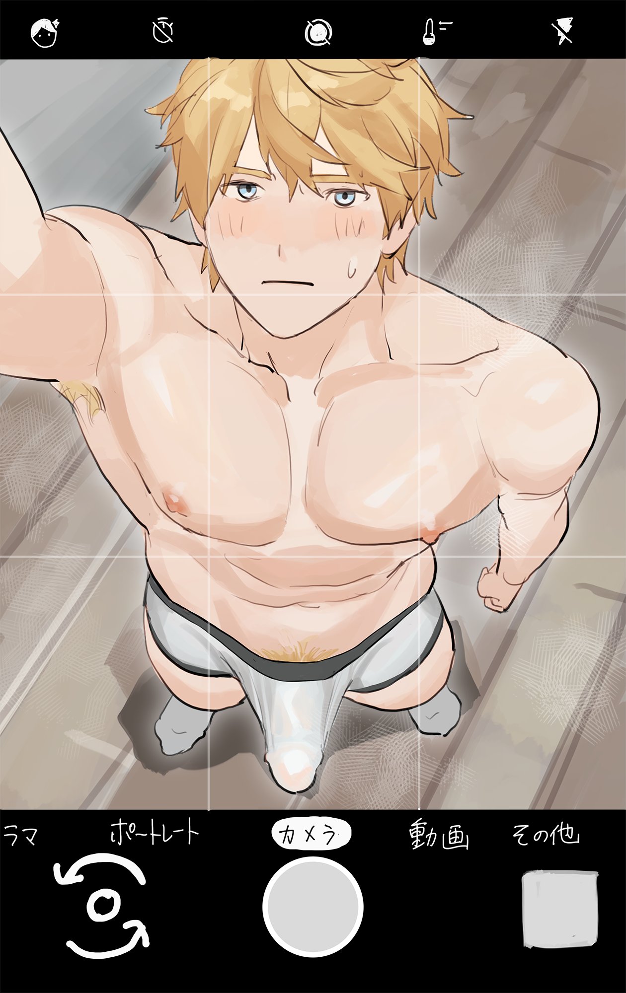 above view, armpit hair, armpits, blonde, blonde hair, blonde male, blush, bulge, erection, erection under clothes, gepard (honkai: star rail), male, male only, nipples, pecs, pubes, sweating, underwear