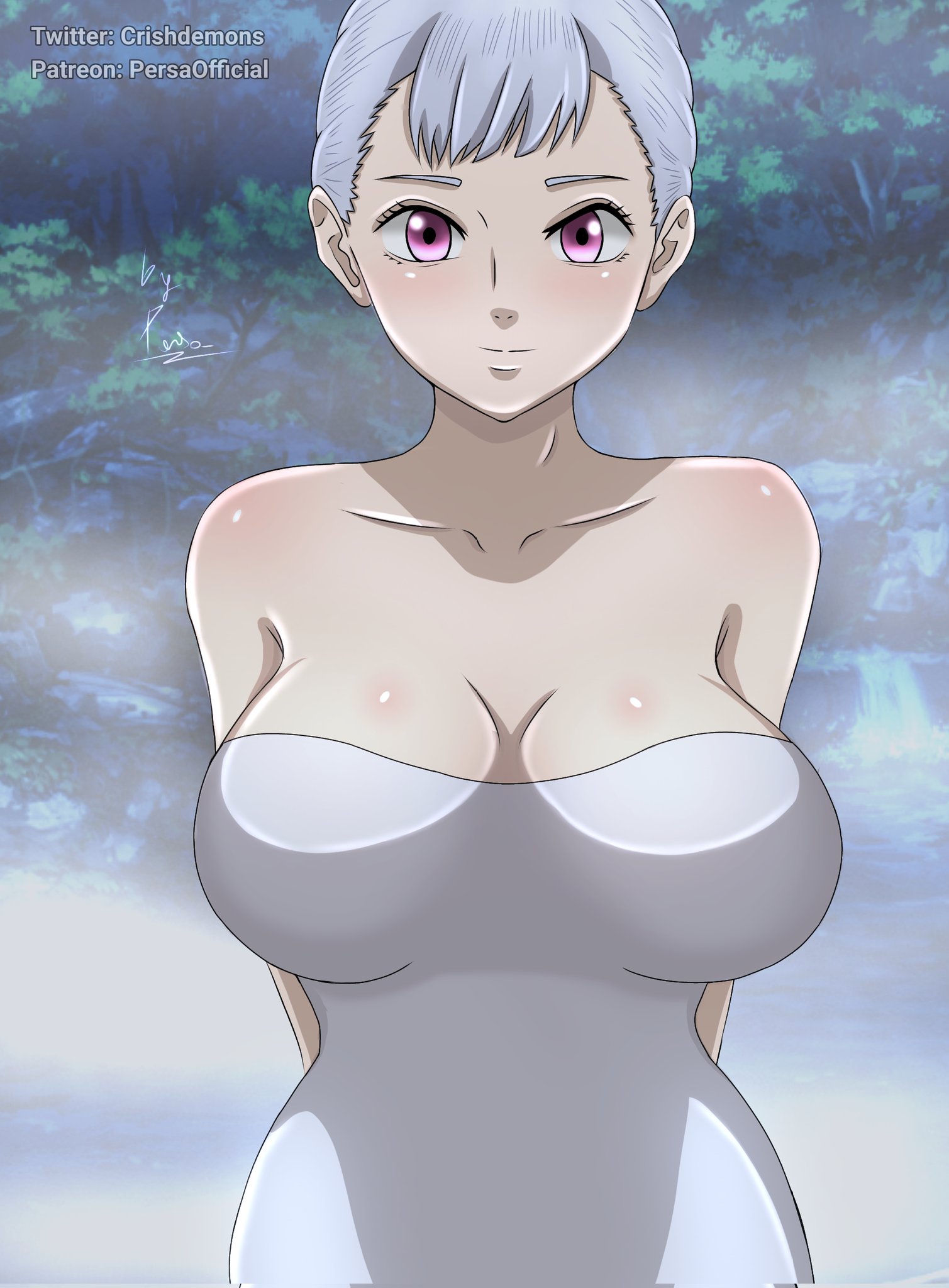 1girls, arms behind back, bathing, black clover, breasts, cleavage, crishdemons, female, female only, large breasts, looking at viewer, noelle silva, pink eyes, silver hair, smile, solo, solo female, steam, teenager, tied hair, towel, watermark