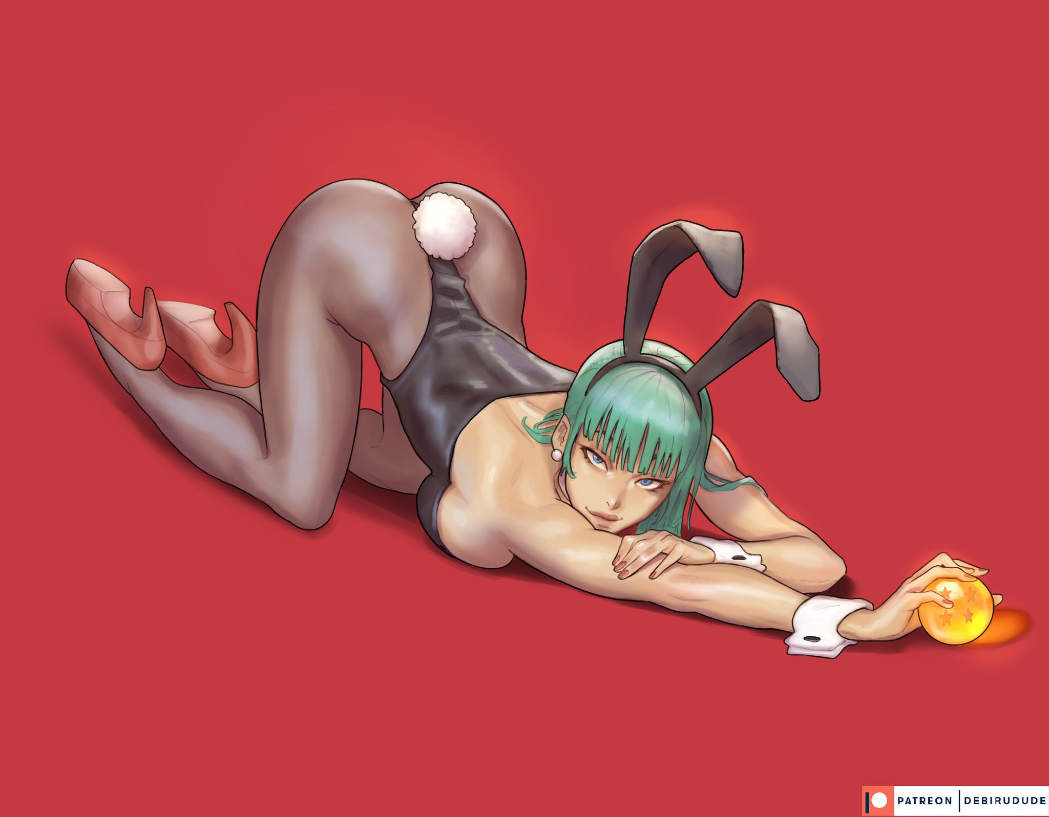 1girls, blue eyes, bulma, bulma (bunny), bulma briefs, bunny ears, bunny girl, bunny tail, bunnysuit, debirudude, dragon ball, dragon ball (classic), dragon ball (object), face down ass up, female, female only, green hair, heels, hi res, high heels, long hair, looking at viewer, pantyhose, red background, solo, solo female, teal hair, teenage bulma, teenage female, teenager, wrist cuffs