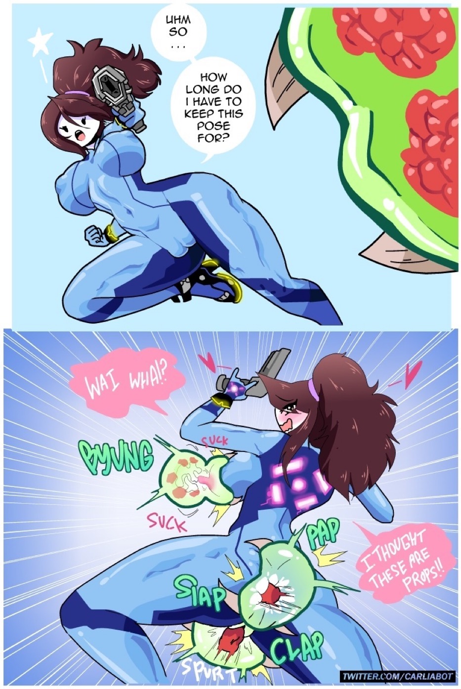 1girls, breast sucking, breasts, brown hair, carliabot, cosplay, dialogue, double penetration, female, female focus, jaiden, jaiden animations, jaidenanimations, metroid, metroid (creature), nipple suck, nipple sucking, ponytail, posing, posing with weapon, samus aran (cosplay), sucking nipples, tagme, text, youtube, youtuber, zero suit, zero suit samus (cosplay)