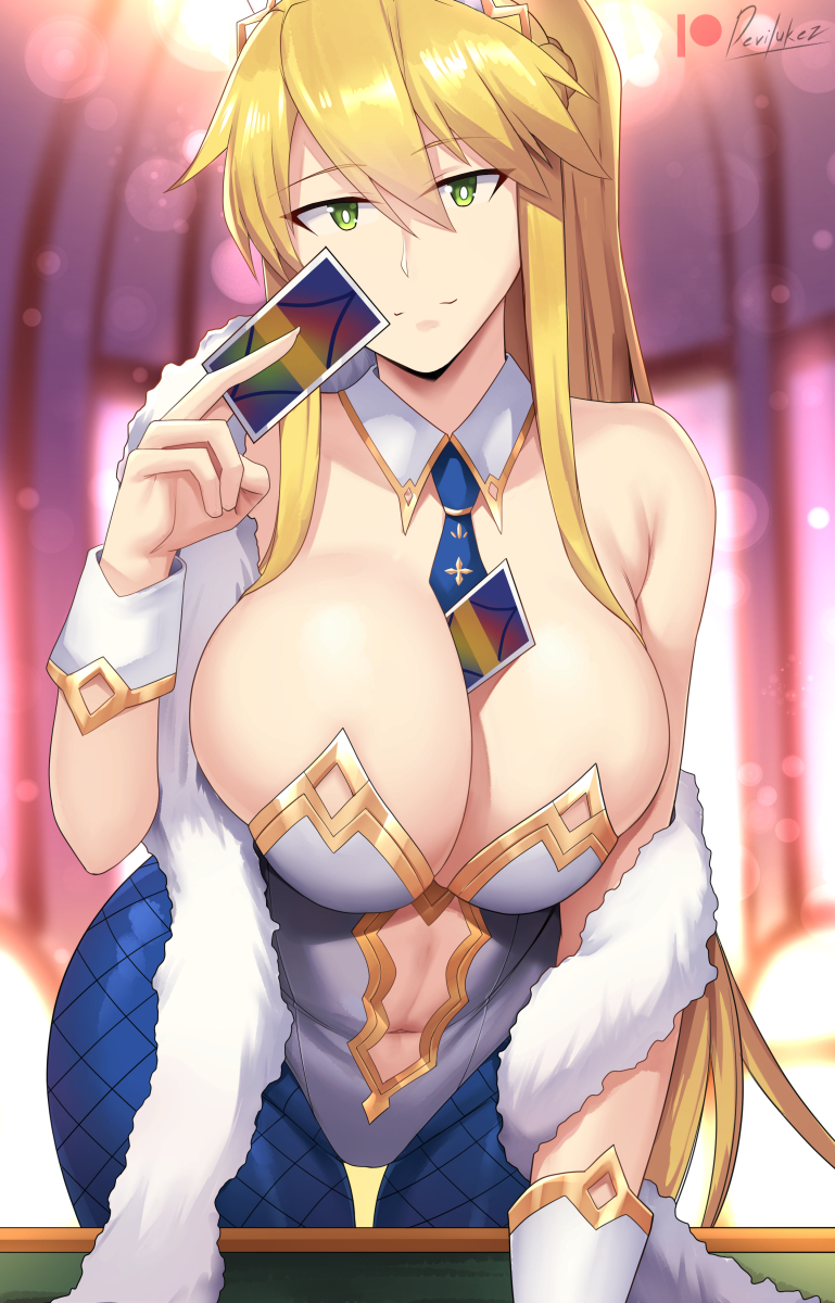 1girls ahoge artist_signature artoria_pendragon artoria_pendragon_(swimsuit_ruler) blonde_hair breasts bunny_ears bunny_girl bunnysuit cleavage detached_collar devilukez fate/grand_order fate_(series) female female_focus female_only fur_boa green_eyes highleg_leotard holding_object huge_breasts indoors leotard long_hair looking_at_viewer object_between_breasts playing_card smile tie tights white_leotard