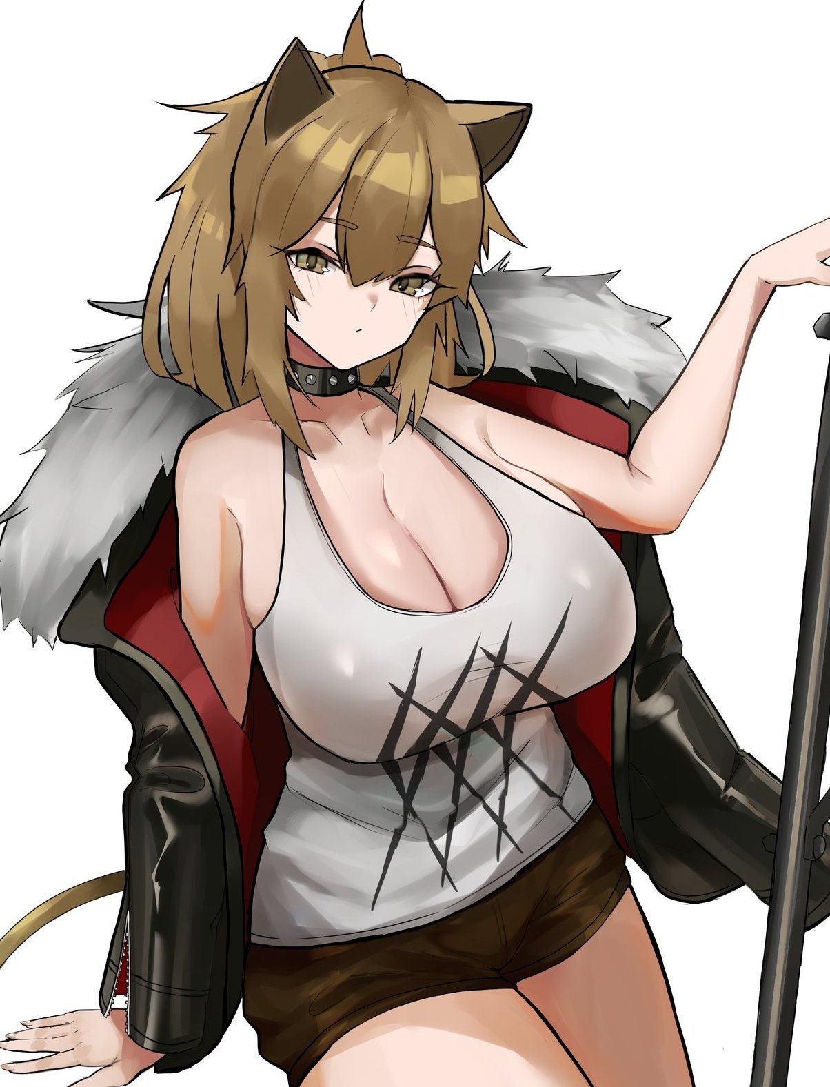 arknights big_breasts blonde_hair catgirl choker cleavage collar dark_blonde dark_blonde_hair dirty_blonde dirty_blonde_hair female huge_breasts image lion_ears lion_tail looking_at_viewer pale-skinned_female pale_skin ponytail sandy_blonde sandy_blonde_hair short_shorts shorts siege_(arknights) tank_top thick_thighs unknownnoname0