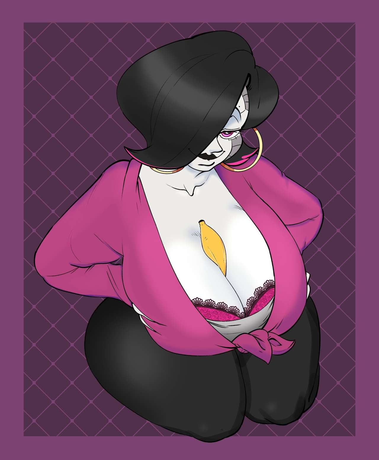 1girls banana between_breasts big_breasts breast_grab breast_press breast_squeeze busty enormous_breasts female female_only genderswap huge_breasts mettaton mettaton_ex milf mrxharlequinn nipples robot robot_girl rule_63 solo tagme undertale