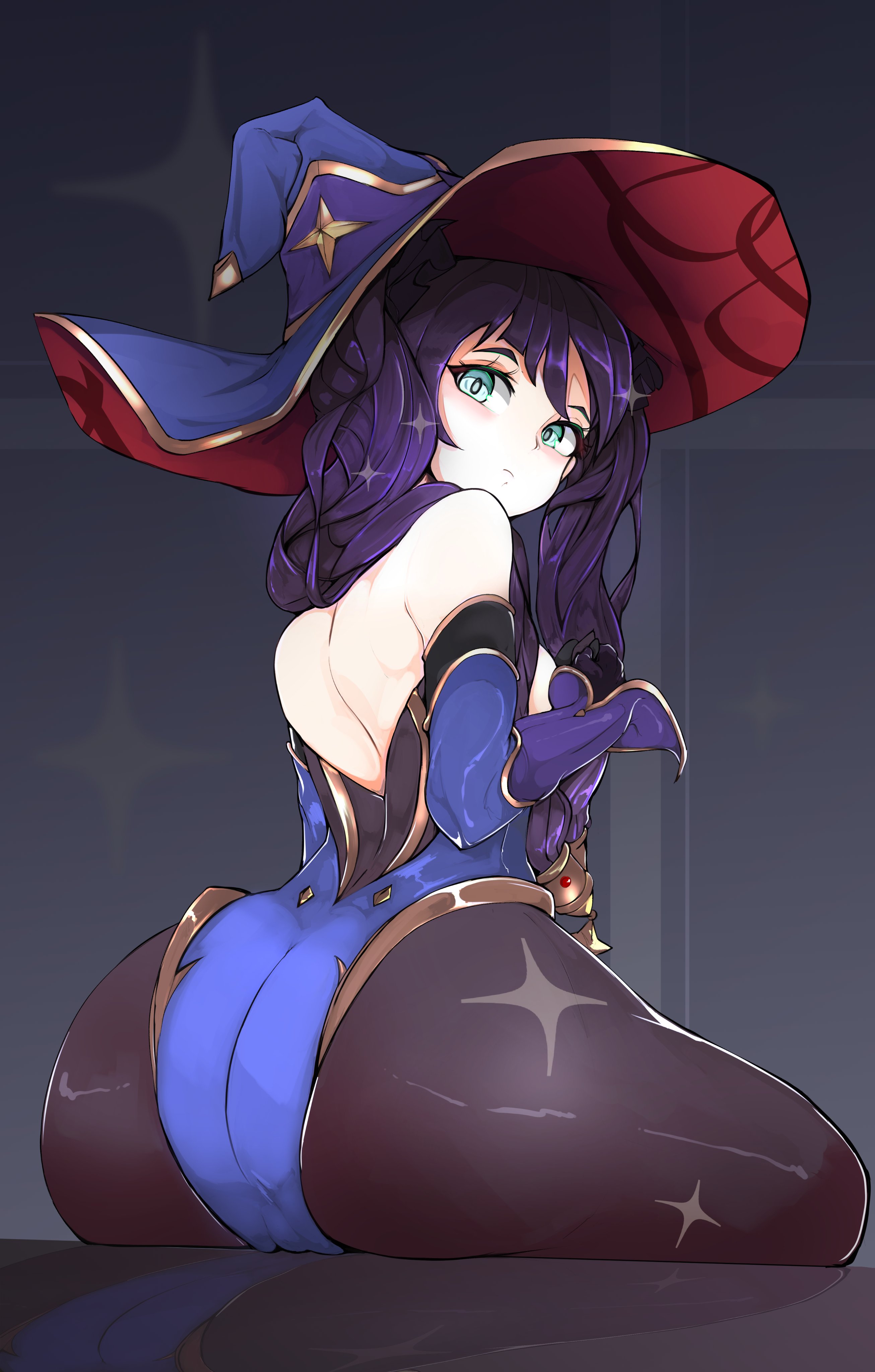1girls, aqua eyes, ass, backless leotard, black legwear, blue leotard, bow, breasts, eastern style, female, from behind, fully clothed, genshin impact, gloves, hair ornament, hairbow, half-closed eyes, hat, high resolution, highres, leotard, long hair, looking at viewer, looking back, mona (genshin impact), nanostar, pantyhose, purple hair, sitting, twintails, witch hat