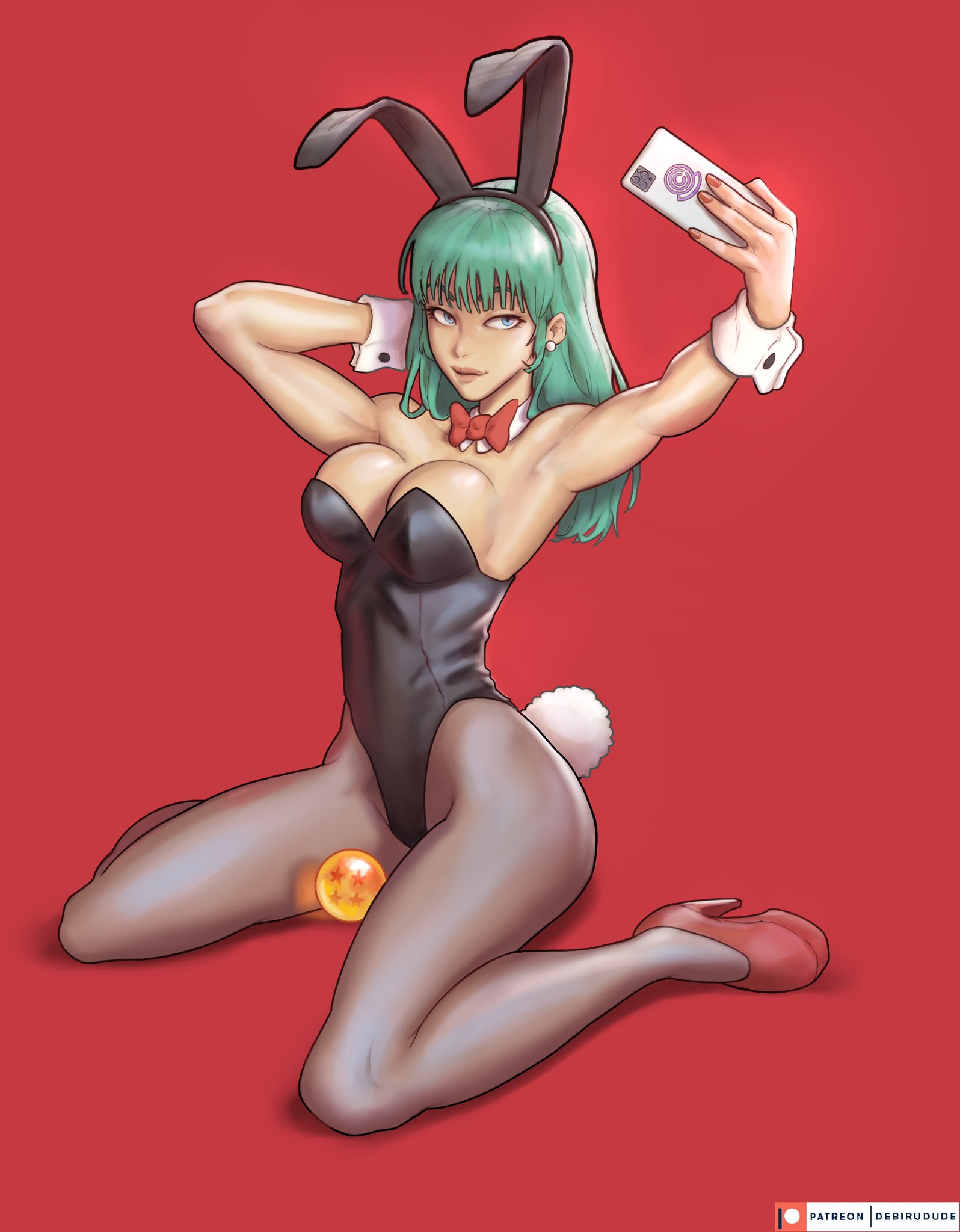 1girls, blue eyes, bow tie, bulma, bulma (bunny), bulma briefs, bunny ears, bunny girl, bunny tail, bunnysuit, debirudude, detached collar, dragon ball, dragon ball (classic), dragon ball (object), female, female only, green hair, heels, hi res, high heels, holding phone, long hair, looking at phone, pantyhose, phone, red background, ribbon, selfie, sitting, solo, solo female, teal hair, teenage bulma, teenage female, teenager, wrist cuffs