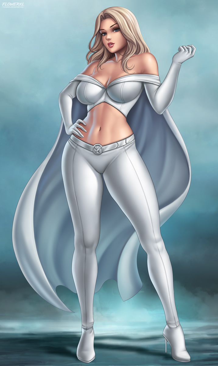 1girls, breasts, emma frost, female, female only, flowerxl, fully clothed, looking at viewer, marvel, marvel comics, pinup, solo, thick thighs, white queen, x-men