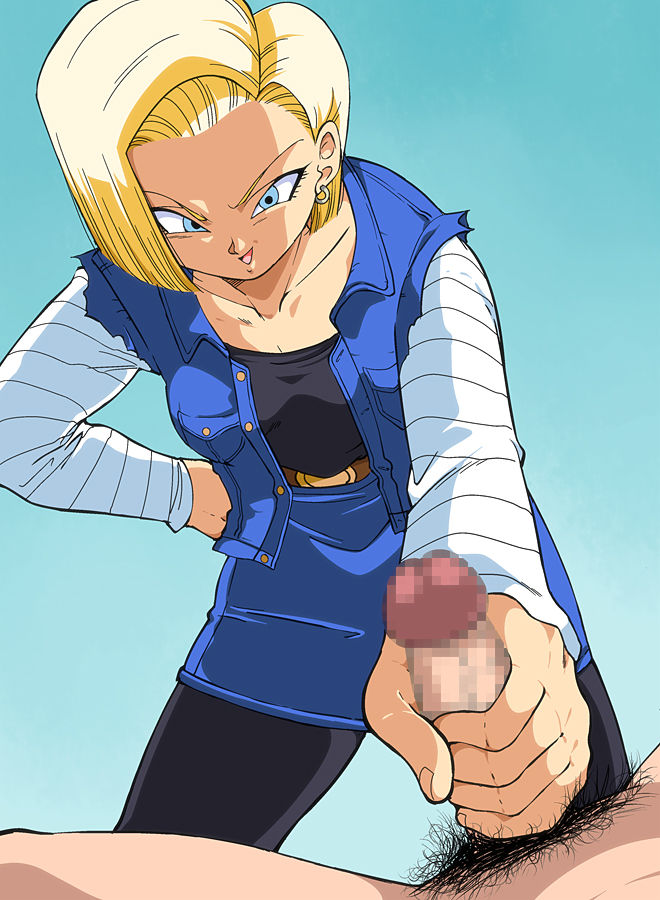 1boy, 1girls, android 18, big breasts, blonde hair, blue eyes, blush, bob cut, breasts, censored, clothed female nude male, dragon ball, faceless male, female, female focus, female pubic hair, furrowed eyebrows, handjob, happy, light skin, light-skinned female, light-skinned male, male, moderate pubic hair, mosaic censoring, no panties, nose blush, old school academy, open mouth, short hair, shounen jump, spread legs, white skin