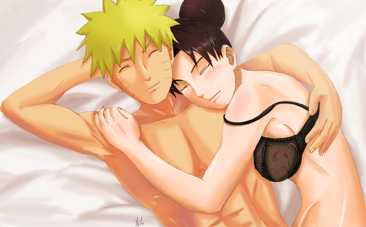 1boy 1girls abs after_sex amenoosa arm_behind_head blush bottomless bra breasts brown_hair colored_nails cuddling double_bun embrace female happy hug long_hair lying_on_back lying_on_side male nail_polish naruto naruto_(series) naruto_shippuden no_panties pecs shirtless sideboob smile straight strap_slip tenten tied_hair underwear upper_body uzumaki_naruto yellow_hair