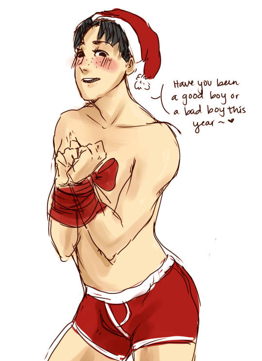 1boy attack_on_titan bad_boy black_hair boxers boxers_only christmas christmas_hat christmas_outfit freckles good_boy male_only marco_bodt playful roleplay shingeki_no_kyojin tied_up wrists_tied