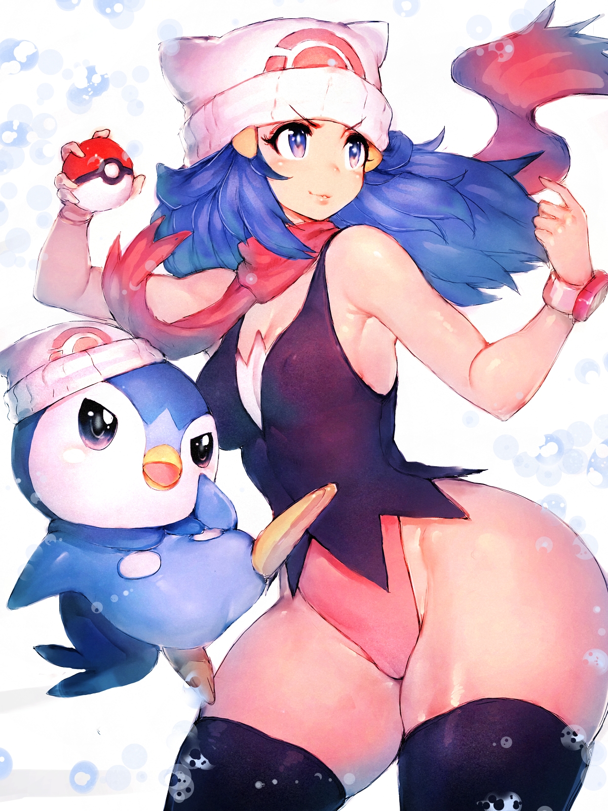 1girls, breasts, cameltoe, dawn (pokemon), female, fumio (rsqkr), nintendo, nipple bulge, piplup, pokemon, pokemon (species), pokemon dppt, pussy, solo focus, thick thighs, thighhighs, wide hips