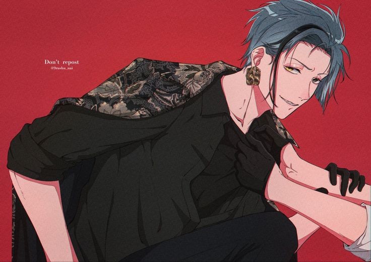 1boy black_clothing blue_hair earrings floyd_leech formal_clothes formal_wear fully_clothed gloves heterochromia looking_at_viewer mafia male_only plain_background sfw solid_color_background twisted_wonderland