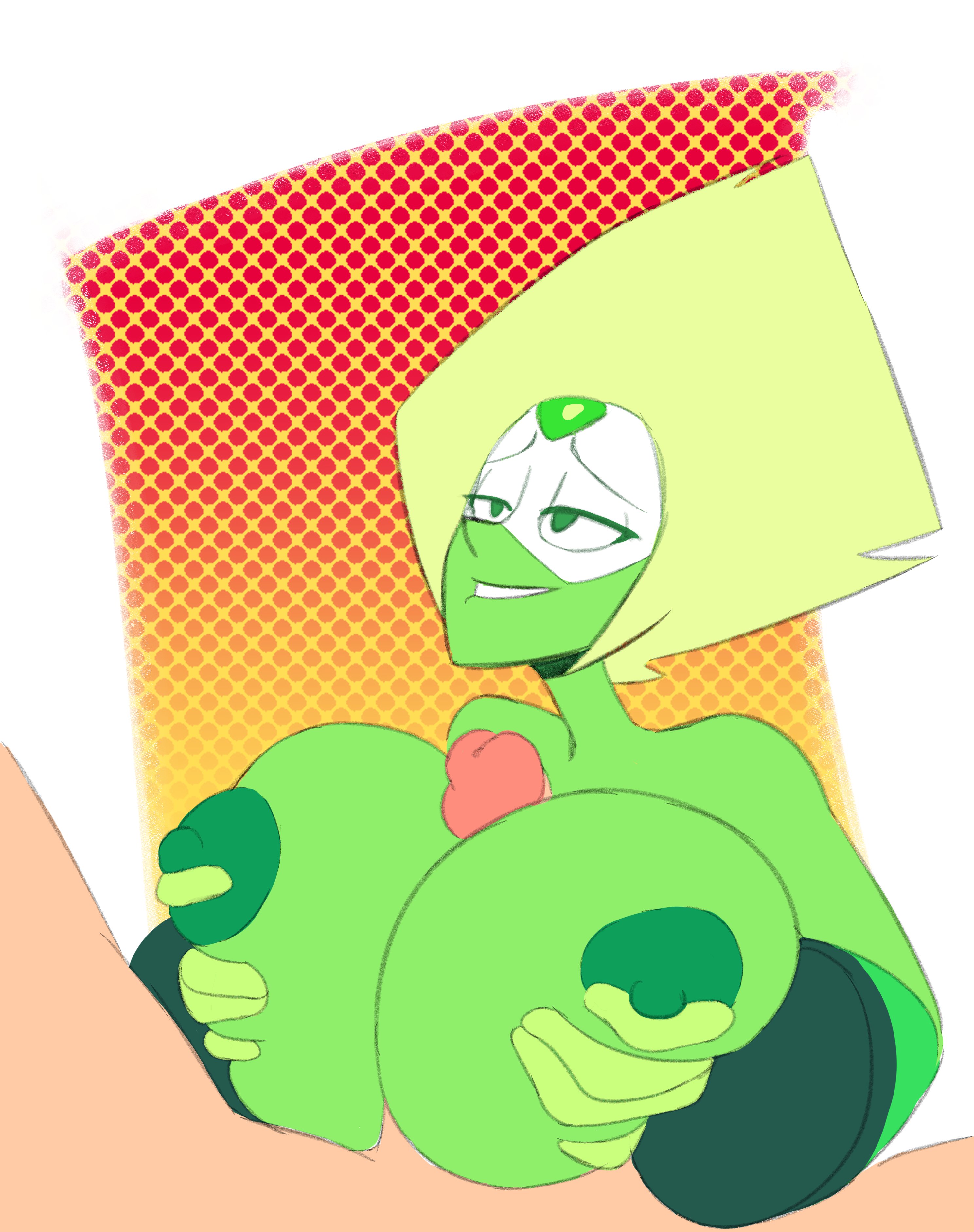 alien, alien girl, alternate breast size, big breasts, big nipples, bite, biting lip, boobjob, breasts, cartoon network, digitalkaiju, female, gem, gem (species), green body, green skin, huge breasts, human, humanoid, interspecies, male, male human/female alien, male human/female humanoid, male/female, paizuri, penis, peridot (steven universe), smile, steven universe, teeth, unseen male face