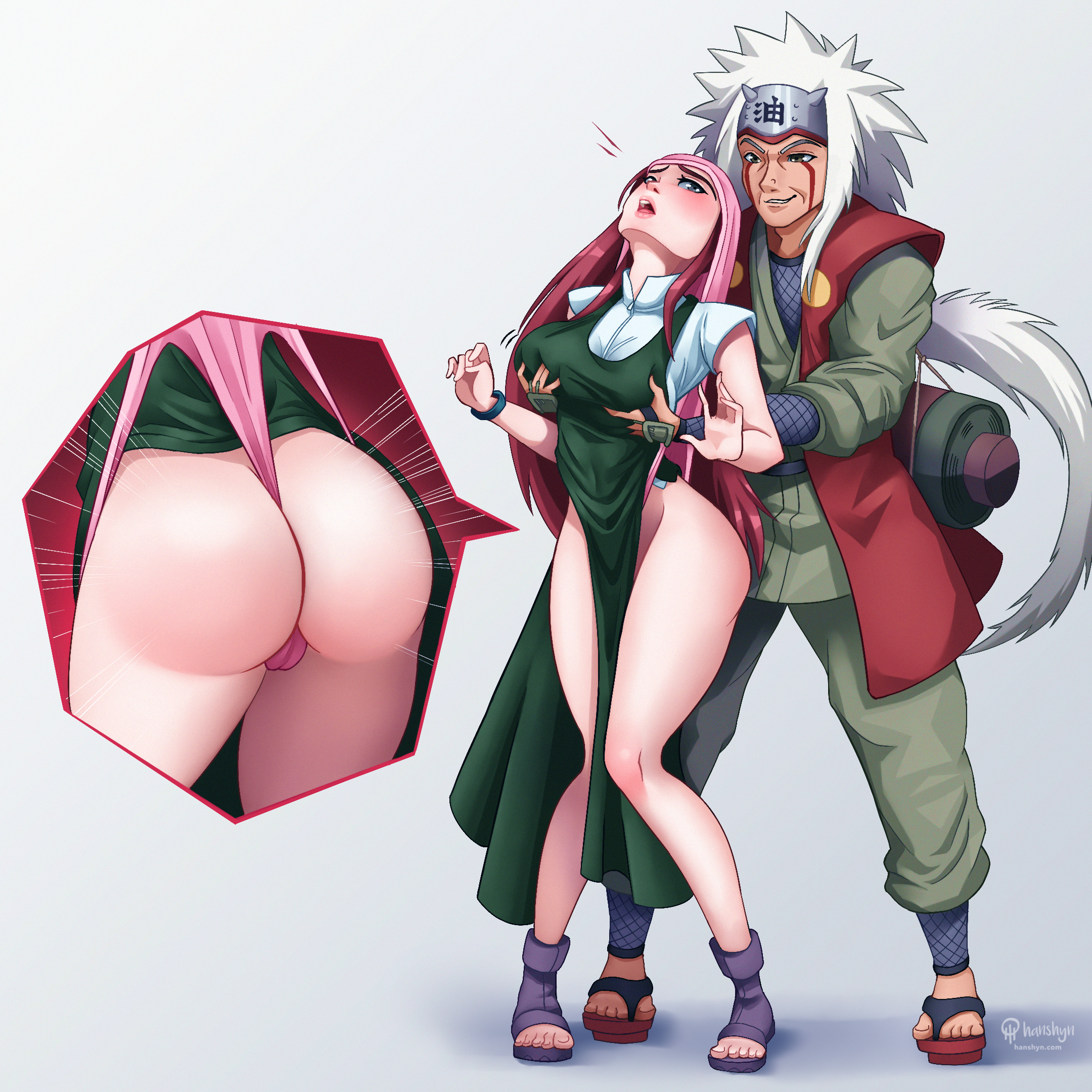 1boy, 1girls, age difference, ass, atomic wedgie, bare legs, blush, breast grab, breasts, cameltoe, dress, dress lift, female, full body, grabbing, grabbing from behind, hanshyn, jiraiya, long hair, male, naruto, naruto (series), naruto shippuden, older male, panties, panties on head, ponytail, pussy, red hair, round ass, smirk, standing, tied hair, underwear, uzumaki kushina, wedgie, white hair, younger female