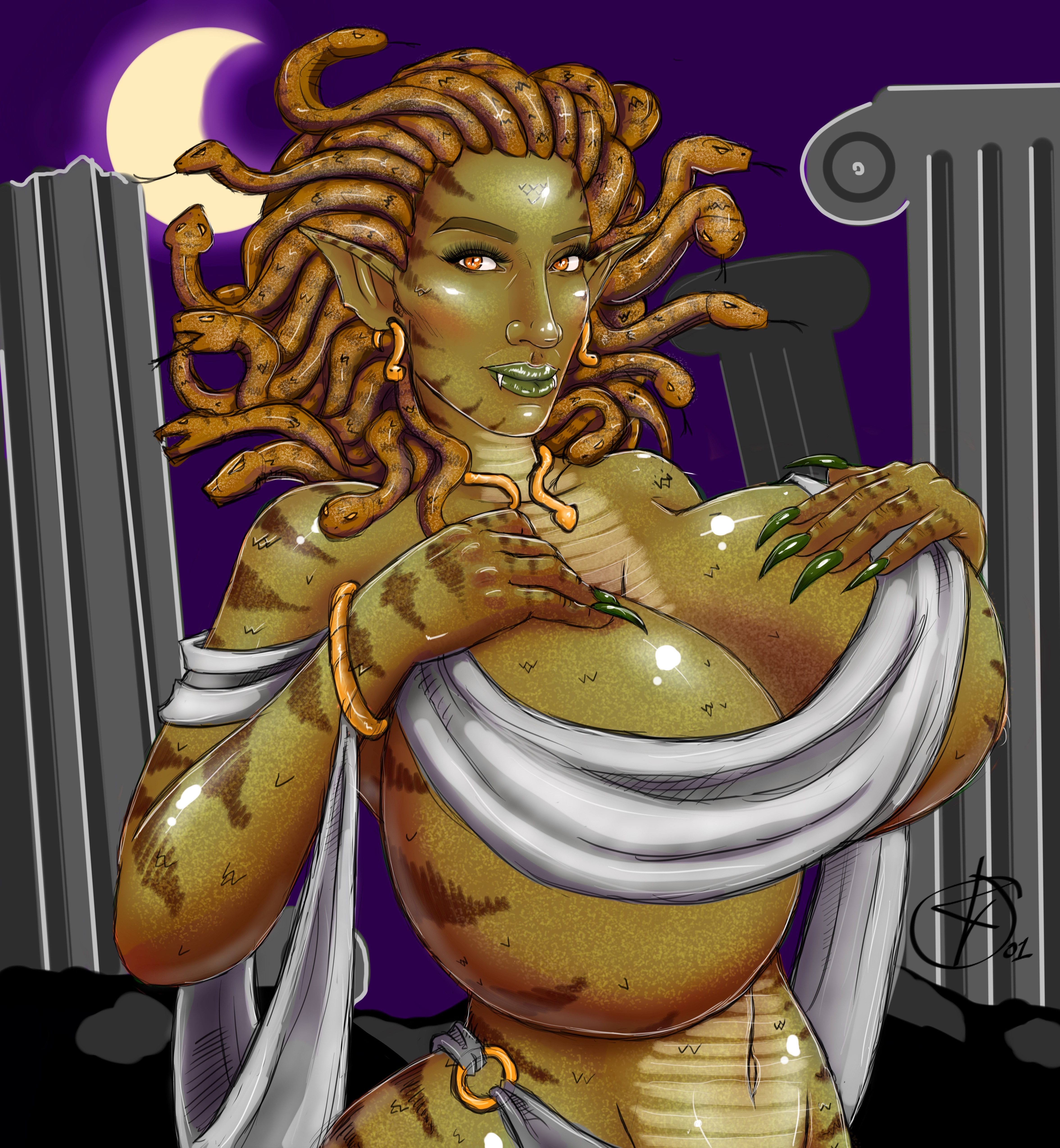 1girls, argonaught, big breasts, breasts, female, gorgon, greek mythology, hi res, huge breasts, large breasts, medusa, medusa (greek mythology), monster, monster girl, solo