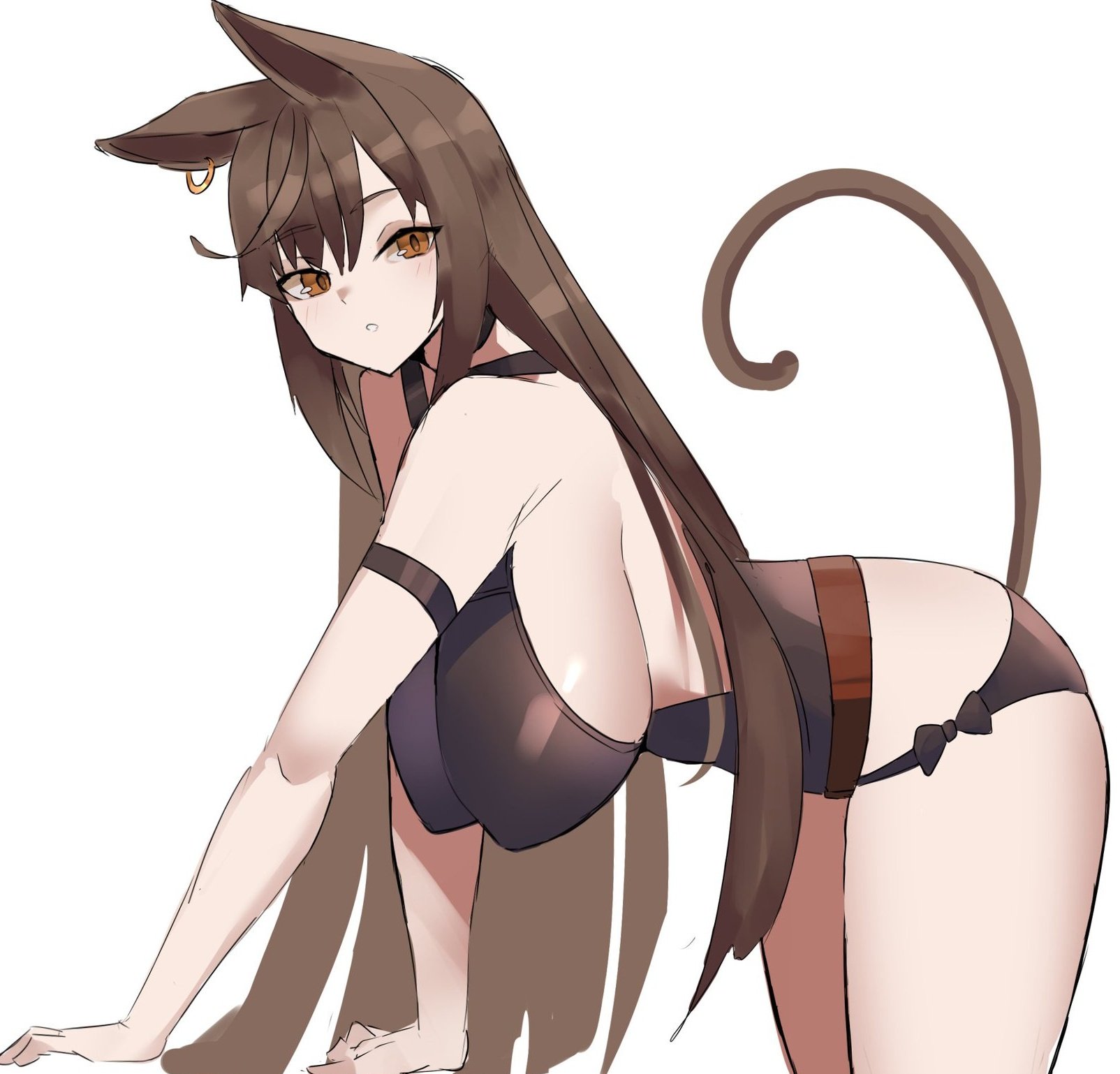 arknights, bent over, big breasts, breasts, brown eyes, brown hair, cat ears, cat girl, cat tail, catgirl, curvy, female, huge breasts, light skin, light-skinned female, long hair, looking at viewer, pale skin, pale-skinned female, skyfire (arknights), swimsuit, unknownnoname0
