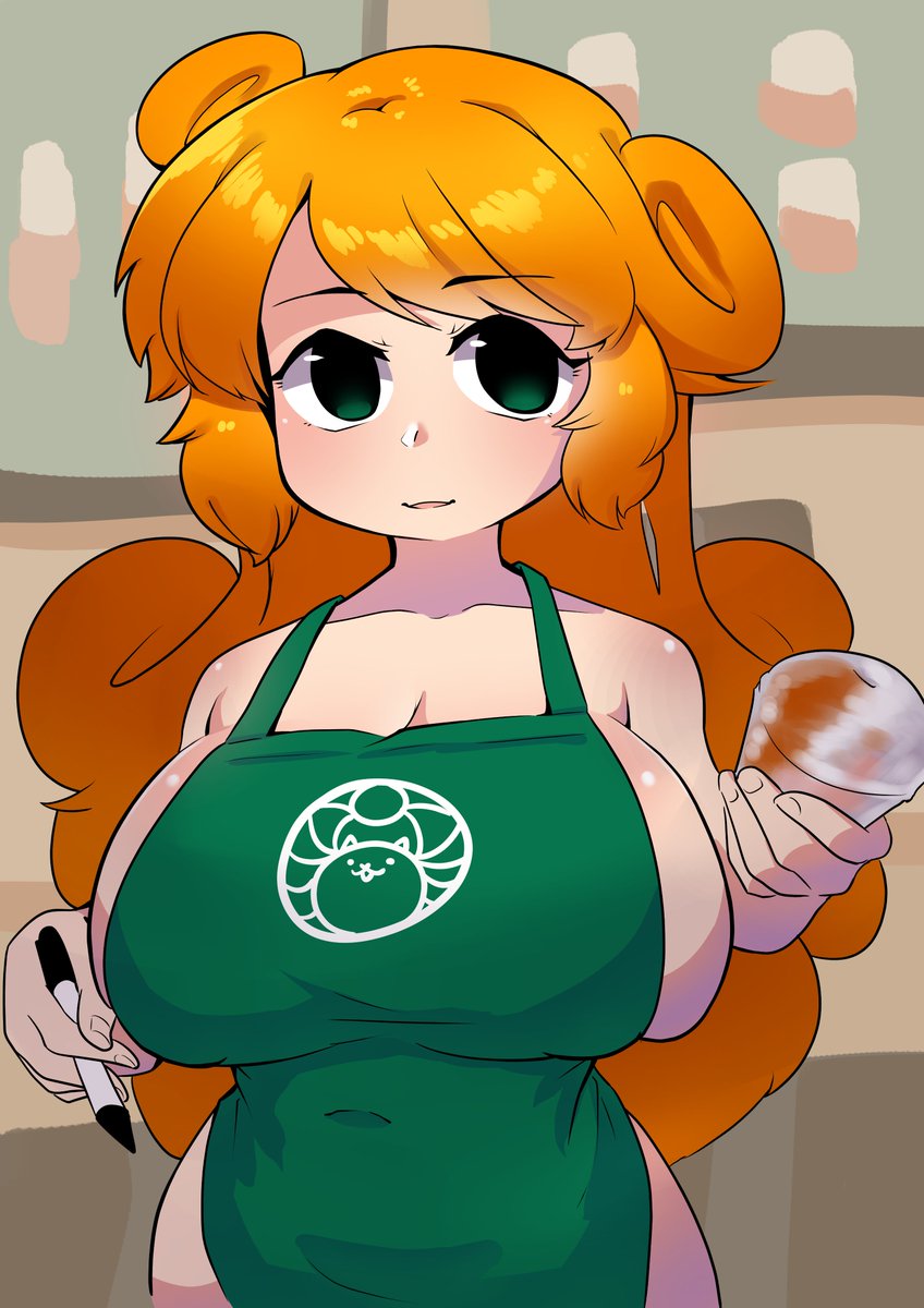 apron, apron only, big breasts, breasts, cup, female, green eyes, huge breasts, iced latte with breast milk, kai (battle cats), large breasts, long hair, looking at viewer, marker, meme, orange hair, starbucks, the battle cats
