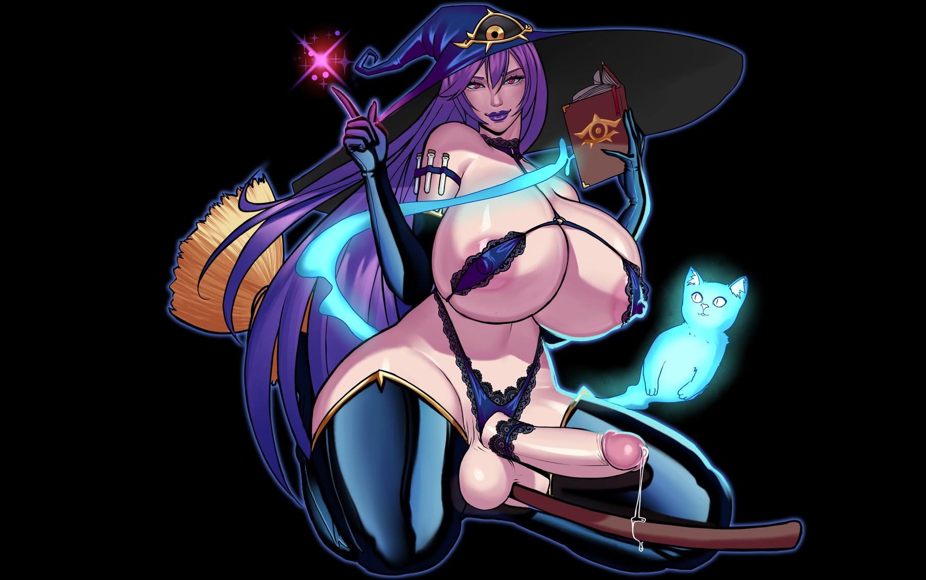 1futa, 2d, balls, big balls, big breasts, big penis, breasts, breasts bigger than head, curvy, erect penis, erection, futa only, futanari, huge breasts, huge cock, intersex, light skin, light-skinned futa, long hair, nude, nude futa, otto cubze, penis, precum, precum drip, purple hair, revealing clothes, skimpy clothes, solo, solo futa, testicles, thick thighs, witch, witch hat