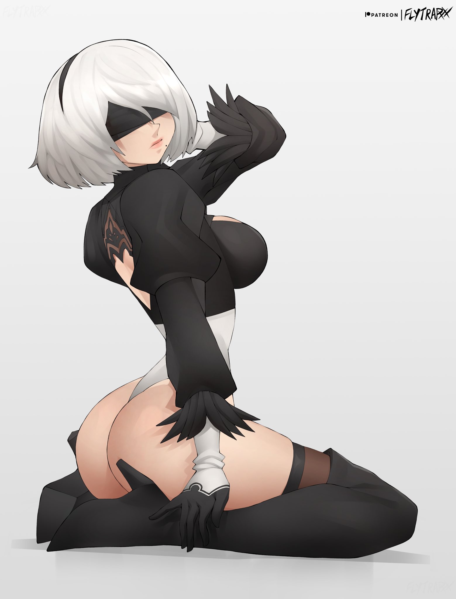 1girls, 2022, android, android girl, ass, beauty mark, blindfold, breasts, female, female only, flytrapxx, heeled boots, heels, highleg leotard, hips, huge ass, huge breasts, kneeling, leotard, looking at viewer, mole under mouth, nier, nier (series), nier: automata, short hair, sideboob, slim waist, square enix, thick thighs, thigh boots, thighhighs, thighs, white hair, wide hips, yorha 2b