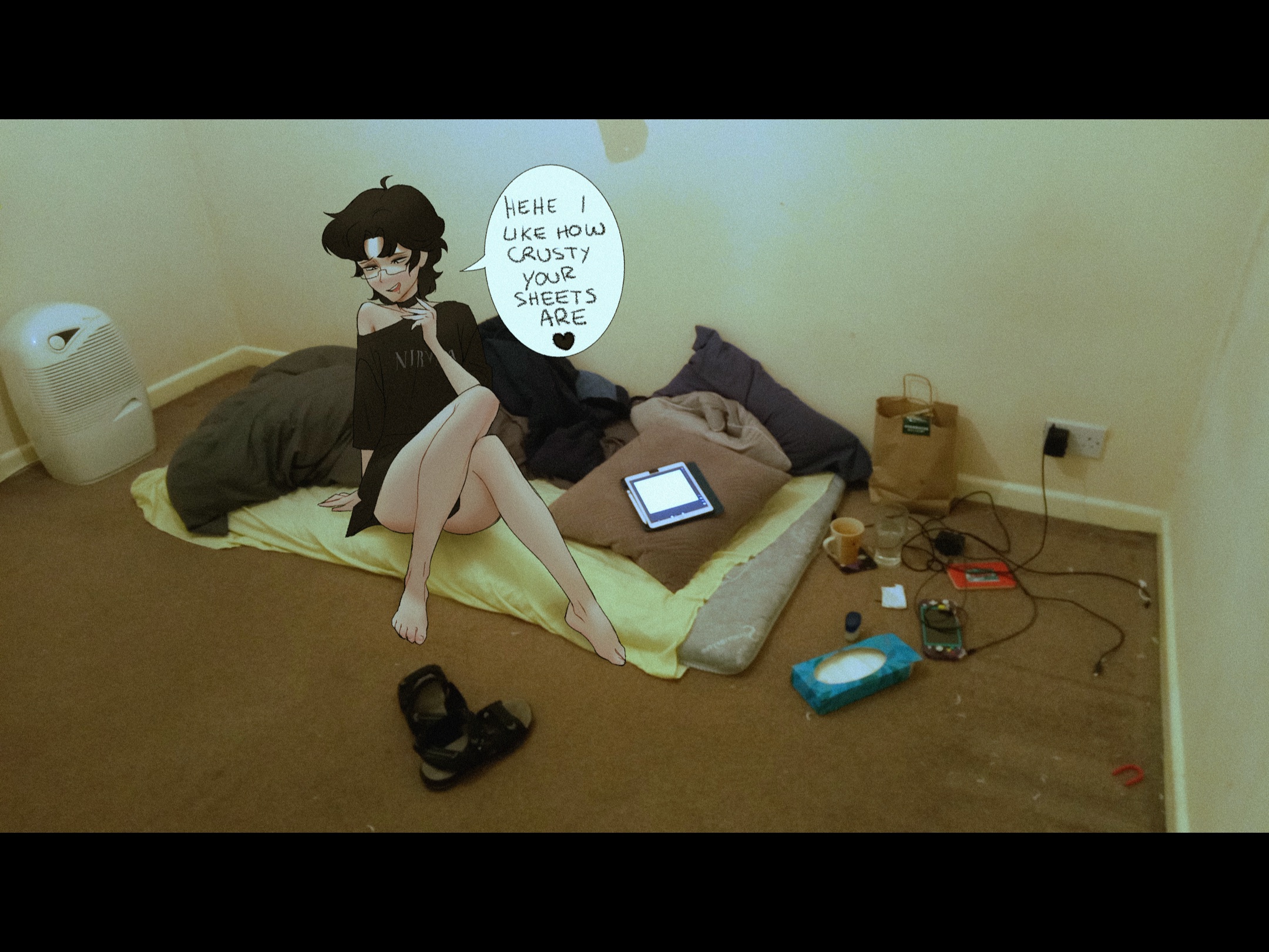 1boy, androgynous, black hair, choker, dialogue, glasses, humor, lacryboy, legs, male, melanpsycholia, meme, miles (melanpsycholia), off shoulder, panty bulge, penis, penis bulge, shitpost